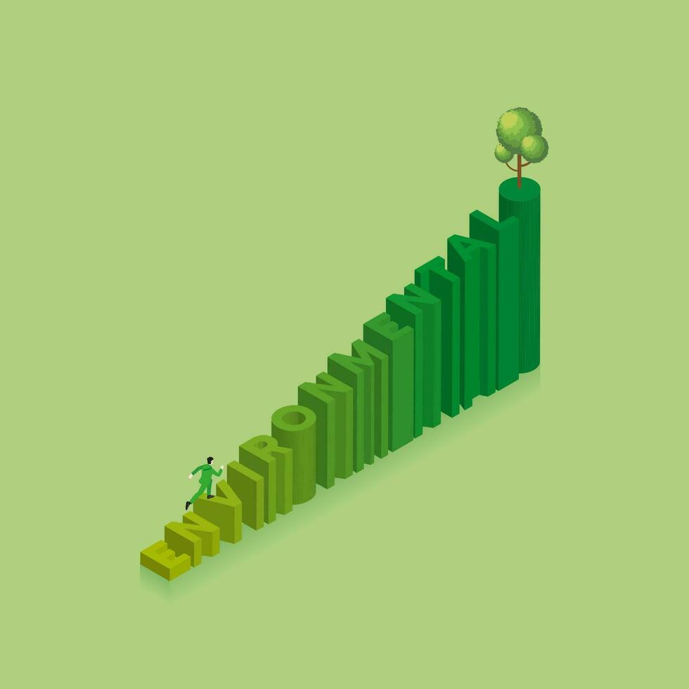 A man runs and steps up a stair text word ENVIRONMENTAL with color gradation and a tree on top of stairs. vector