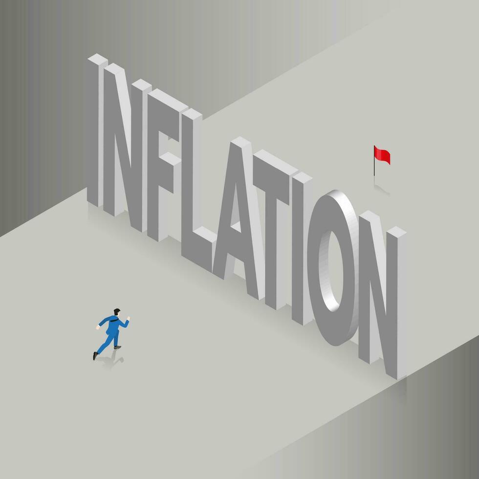 Businessman confronts big text wording INFLATION, obstacles for a red flag goal vector