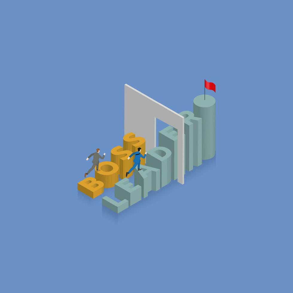 Businessmen run and step up a stair with a competitor, staircase is the text word BOSS and LEADER vector
