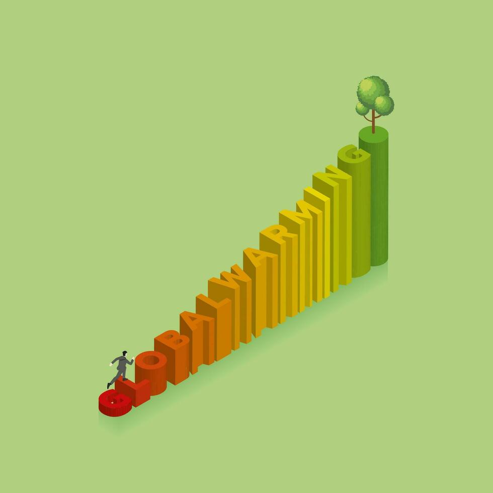 Eco friendly. A man runs and steps up a text word GLOBAL WARMING with color gradation and a tree on top of stairs. vector