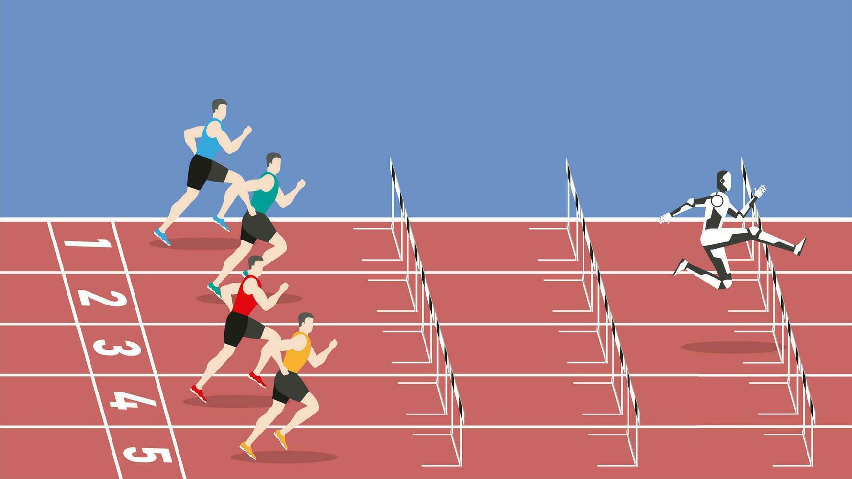 Sports technology concept. The faster robot leader jumping overcomes obstacles vector
