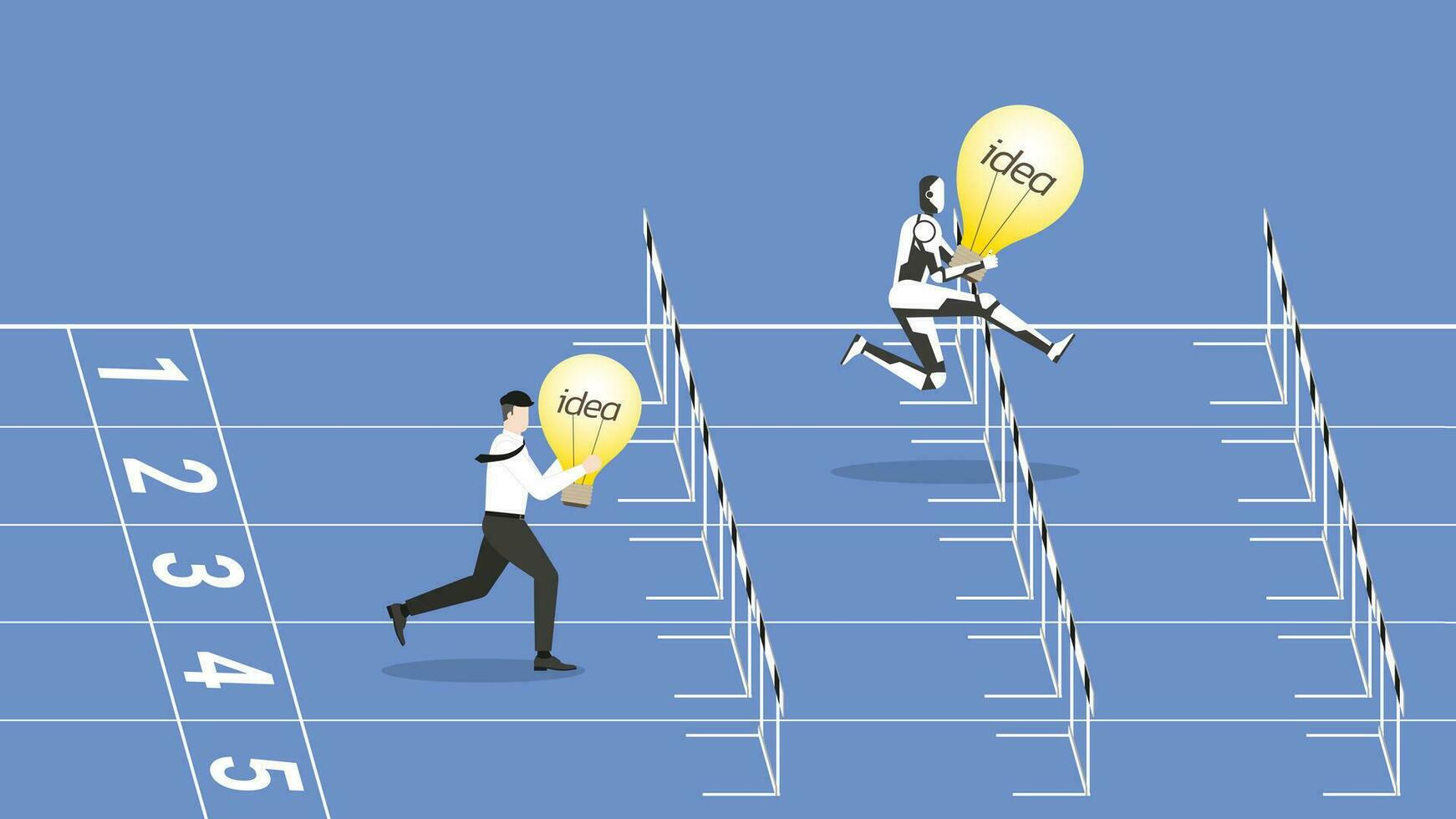 A businessman and a robot are competing with a light bulb. Human versus cyborg run on a racetrack vector