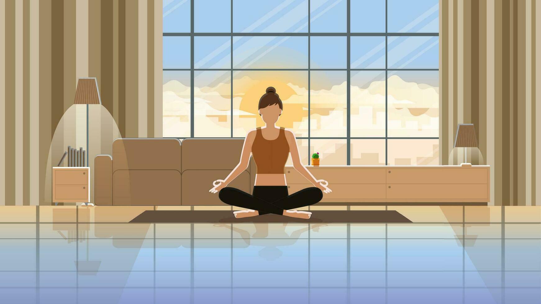 meditación y relajante hora a hogar vivo habitación. un calma mujer se sienta y medita en el yoga estera vector