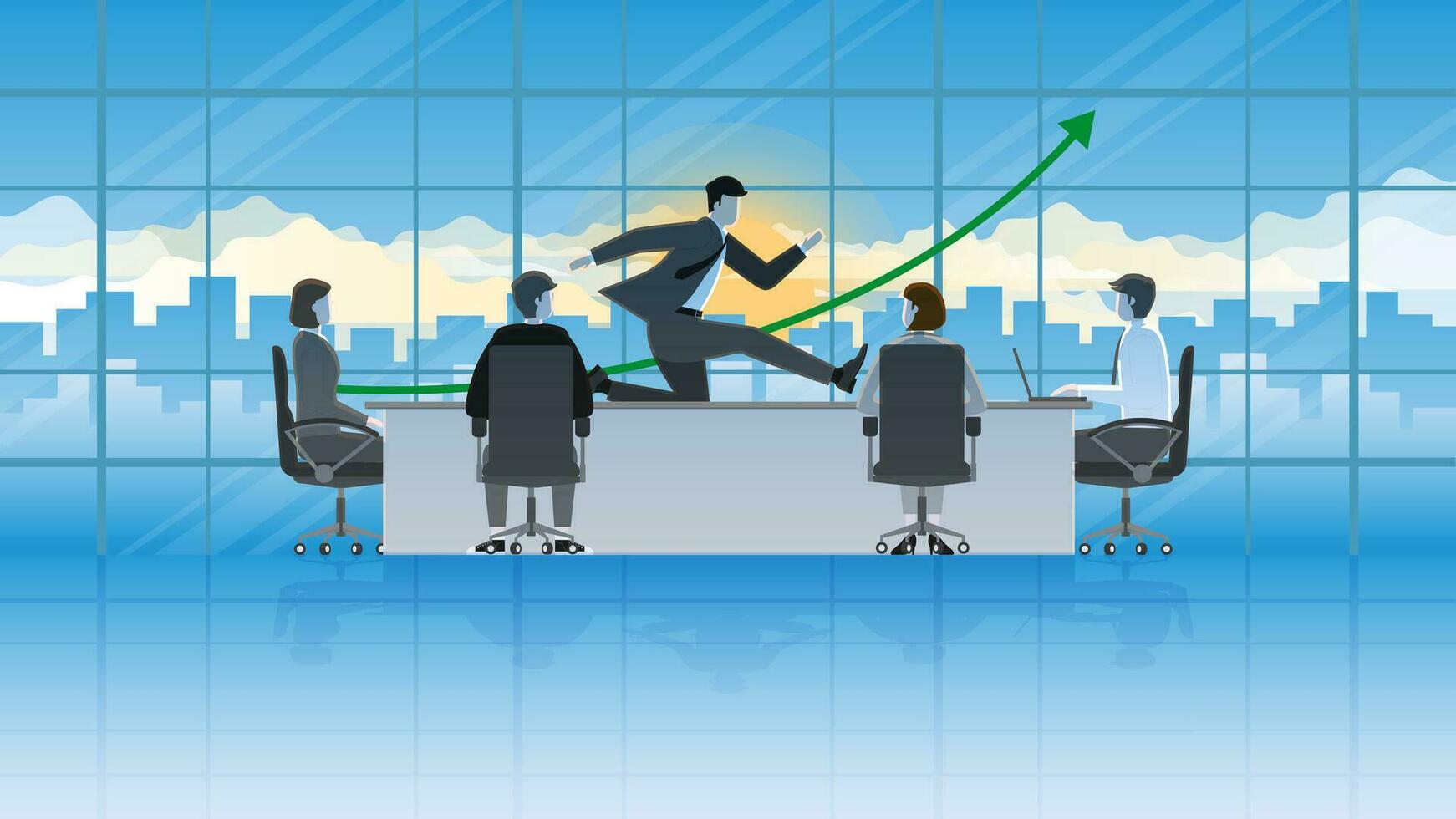 Happy businessman as team leader jump in office working room with teamwork employees and green graph arrow up statistics. vector