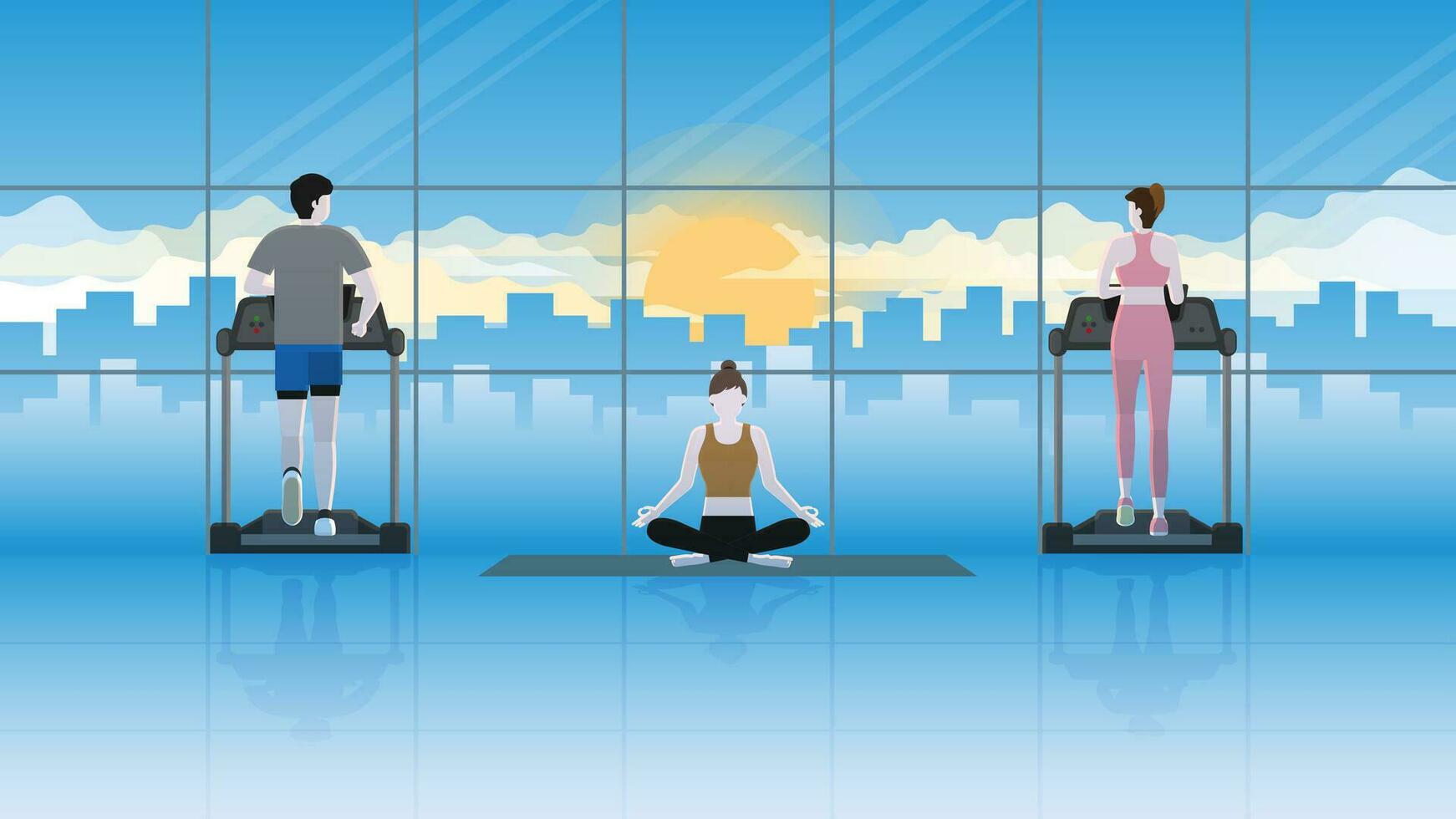 A calm yoga woman sits and meditates in a fitness center between runners on a treadmill vector