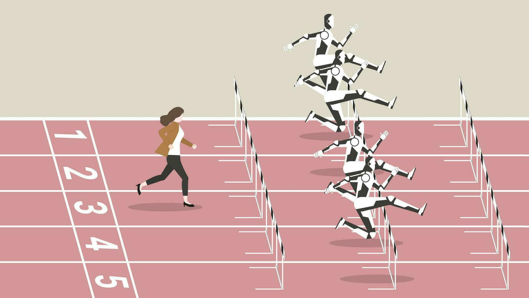 Ambition lady and Competition of businesswoman with robot AI automation technology run in a race track. vector