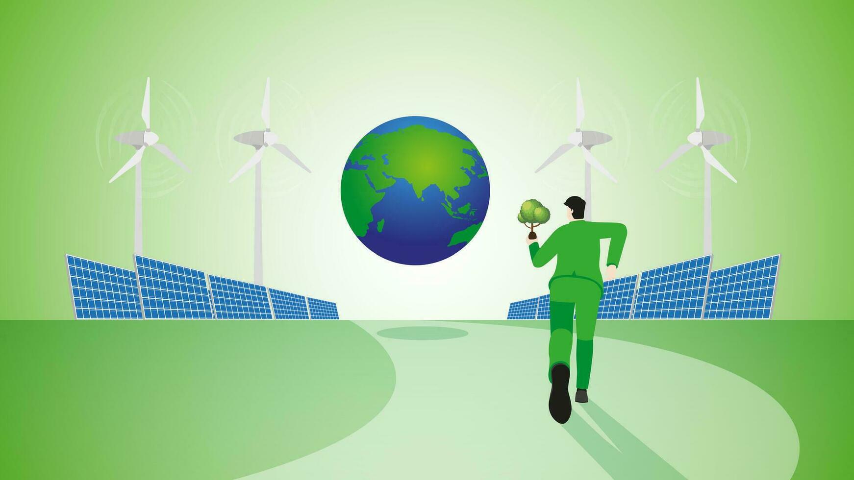 Back view of a businessman runs with a tree to the earth. vector