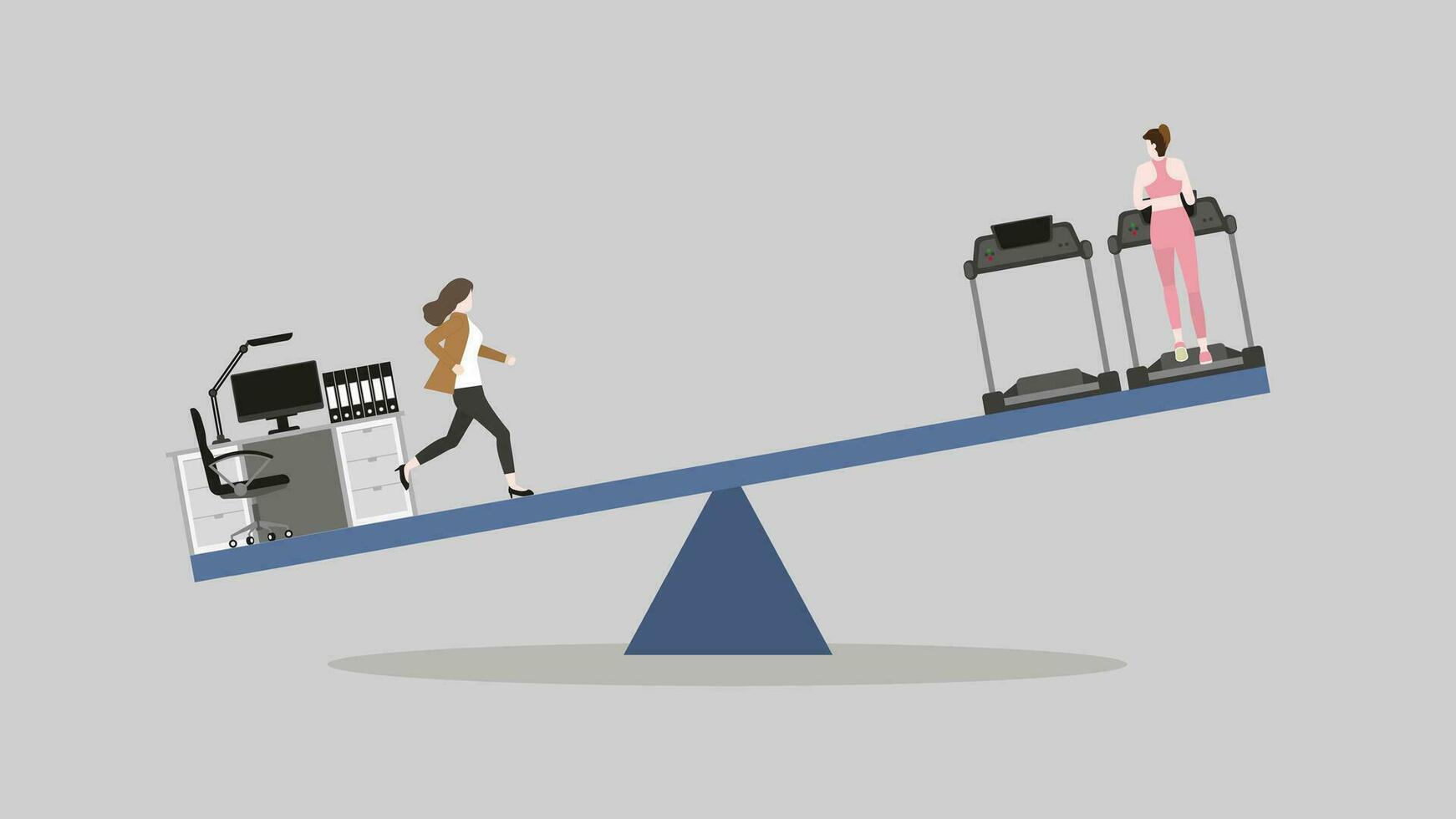 A woman runs on a seesaw between working table and cardio running on a treadmill at a fitness center. vector
