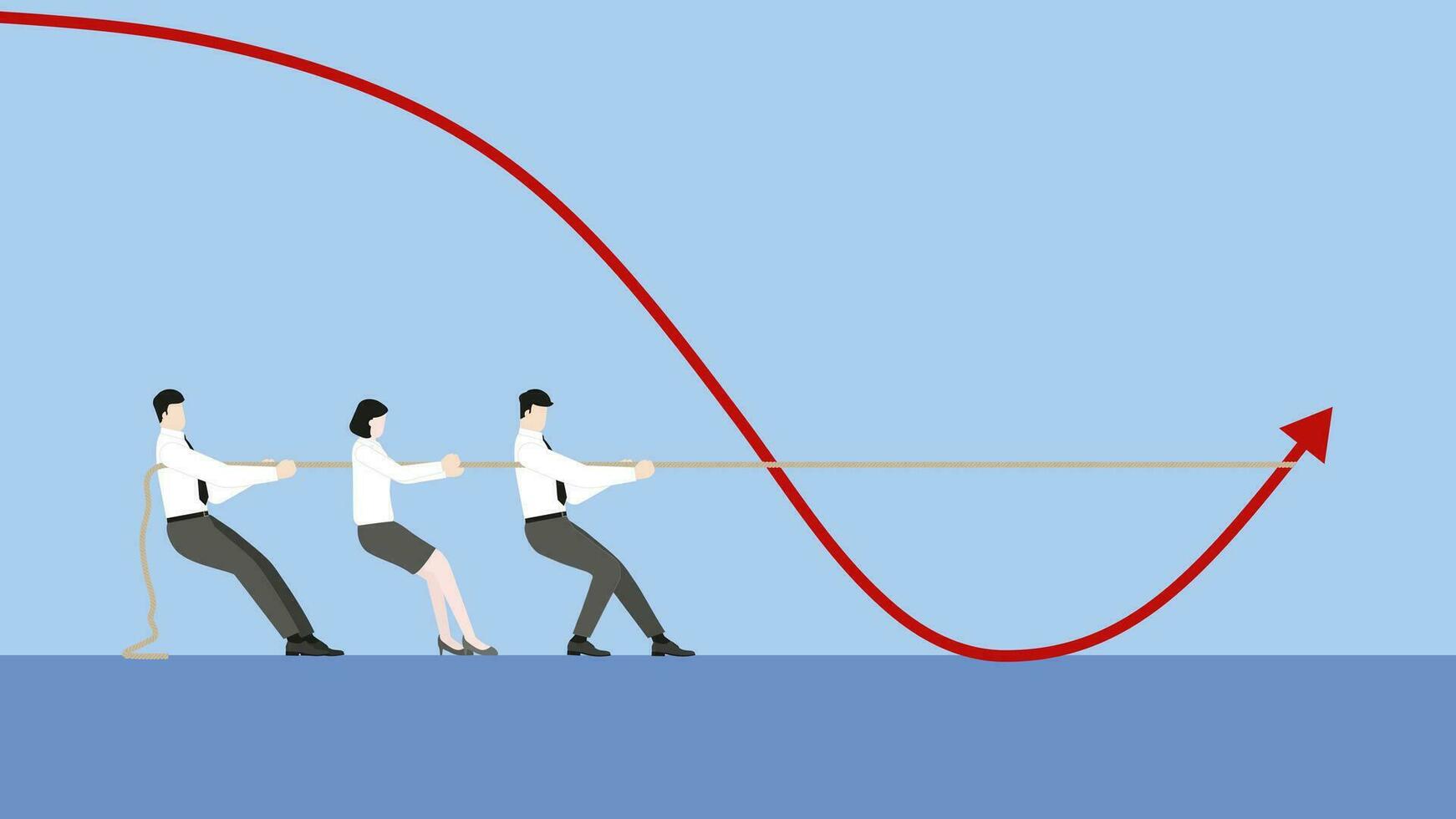 An emplyee team pulling a tug of war to change graph direction. vector
