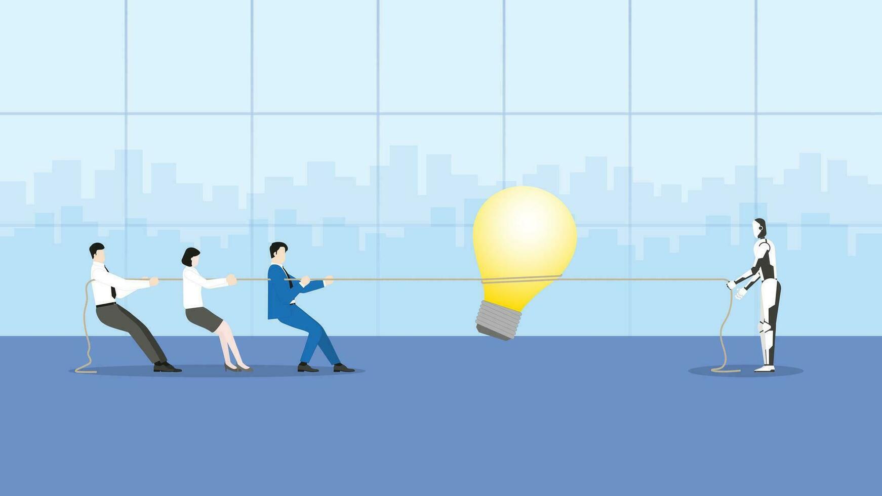 People and cyborg pull a rope for a big light bulb in a meeting vector