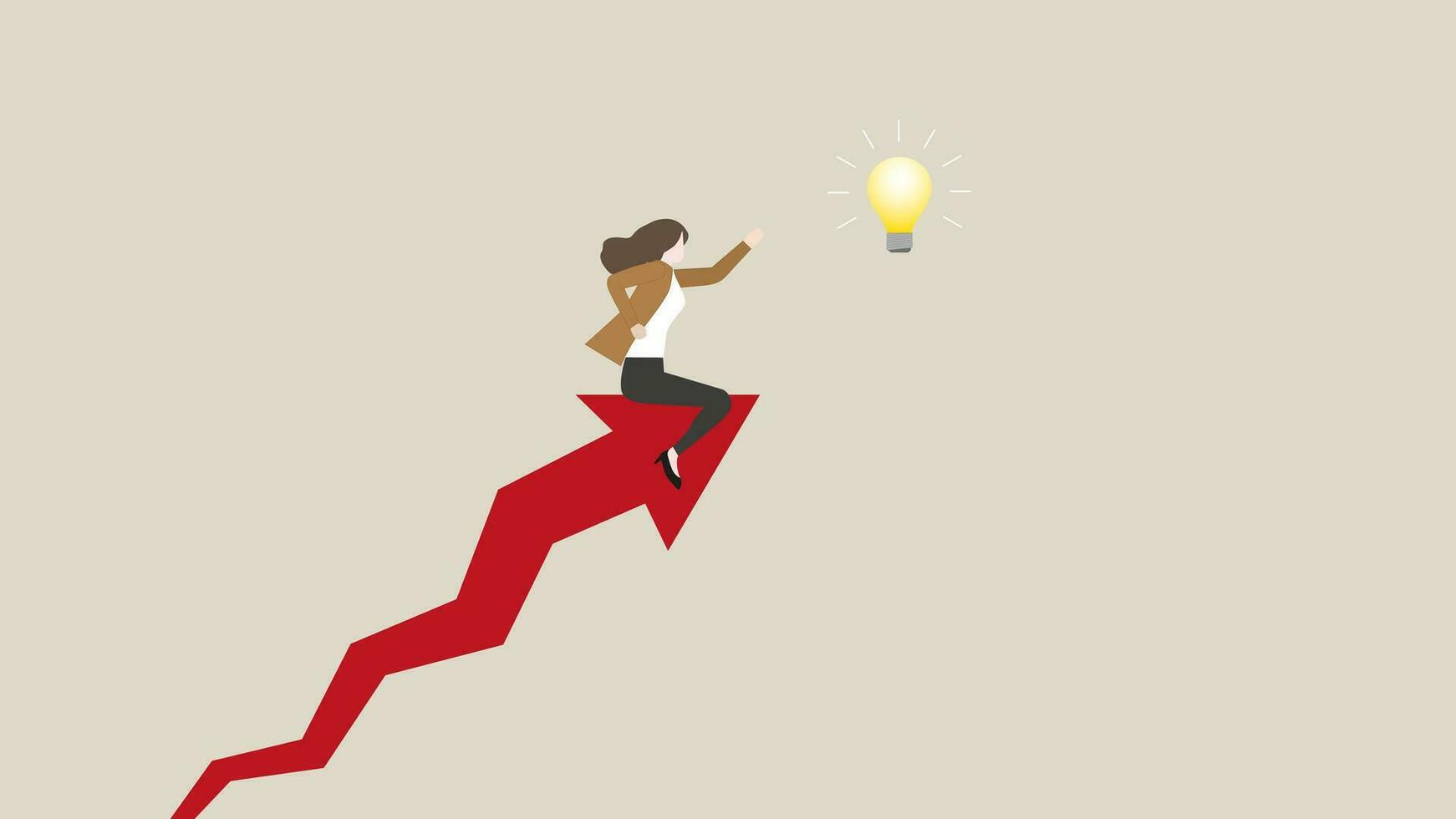 A businessman rides on a rising arrow rocket, reaching for a light bulb vector