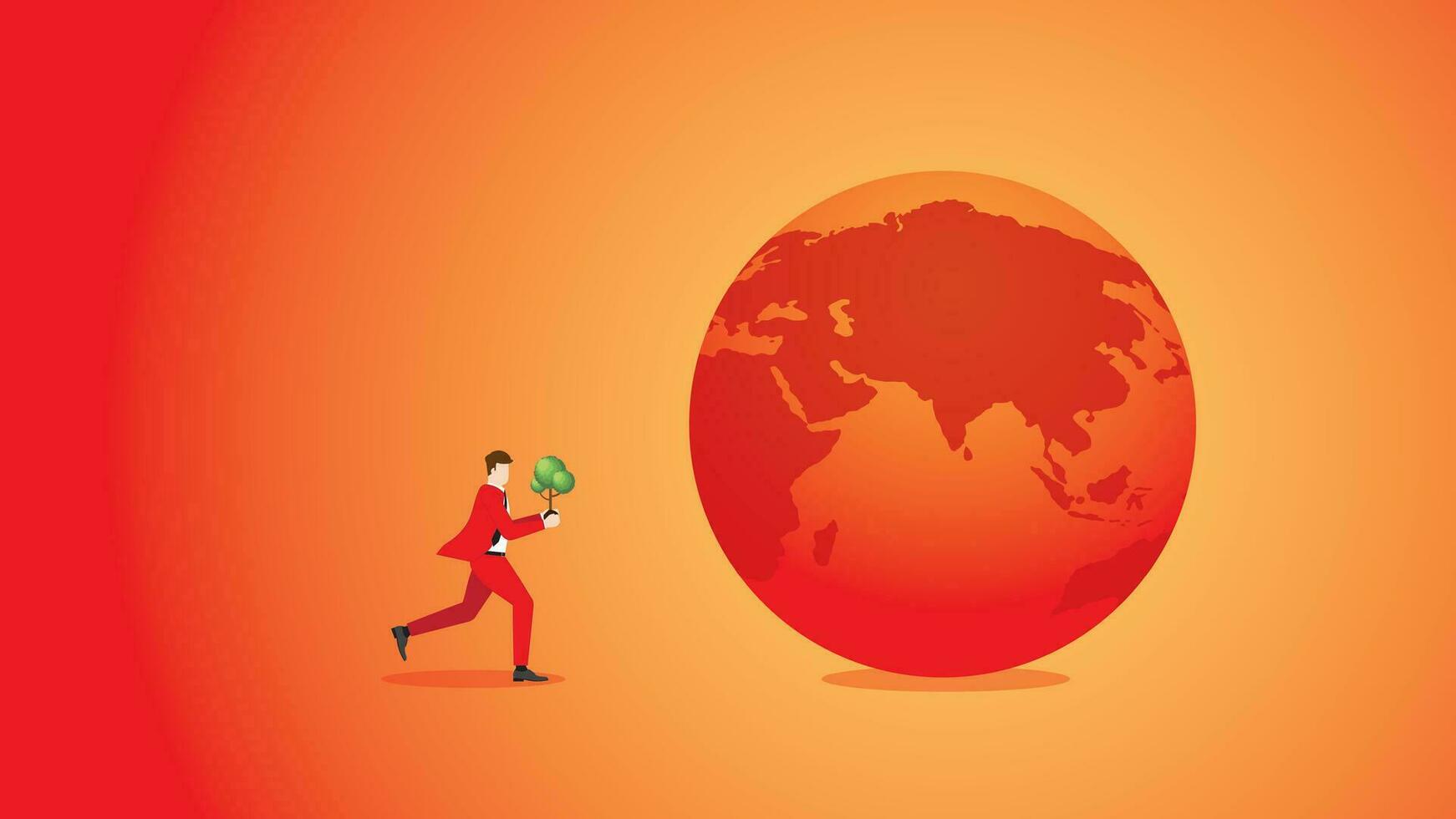 A man runs and brings a tree to the red and hot earth. vector