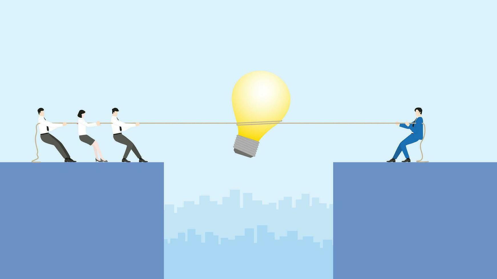 Boss vs employee. Businessmen pull a rope for a big light bulb vector