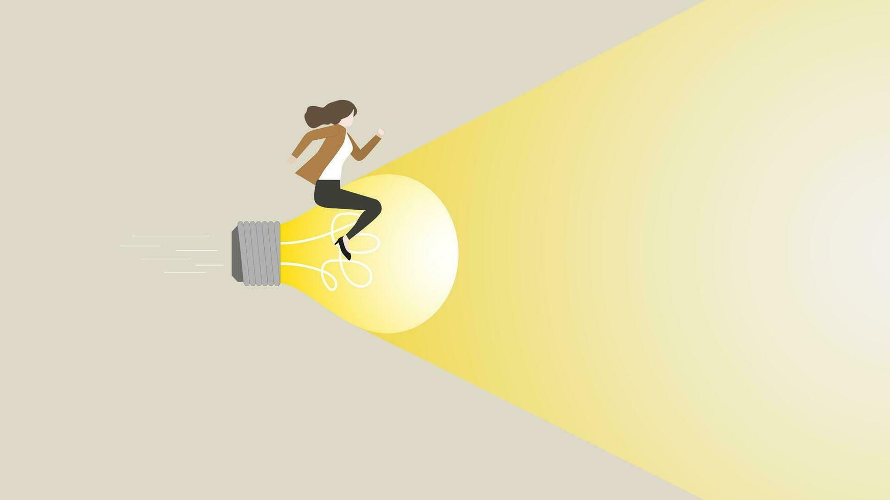 A businesswoman riding a big light bulb rocket vector