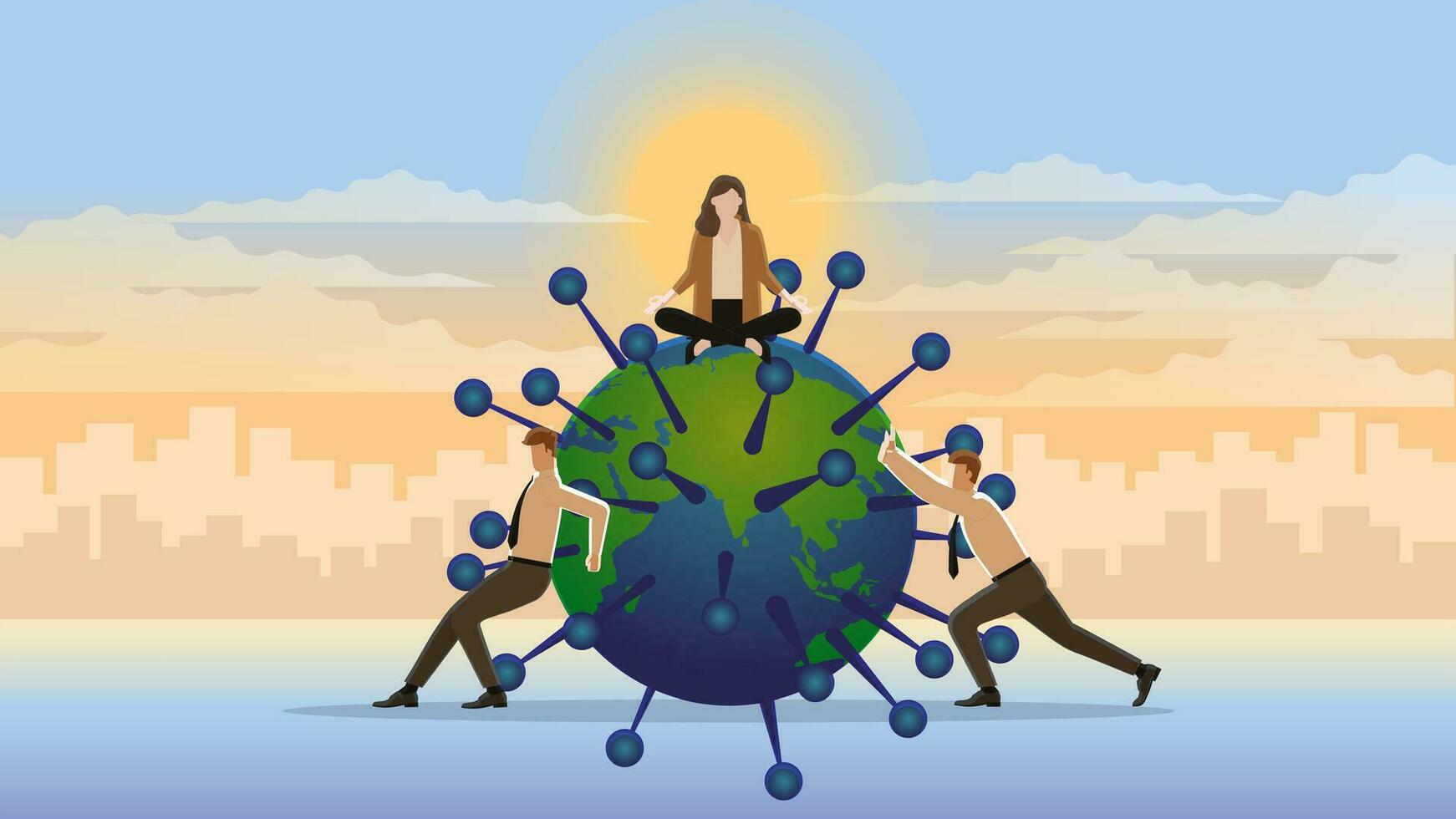 A calm businesswoman sits and meditates on an infected virus earth with employee teamwork support. vector