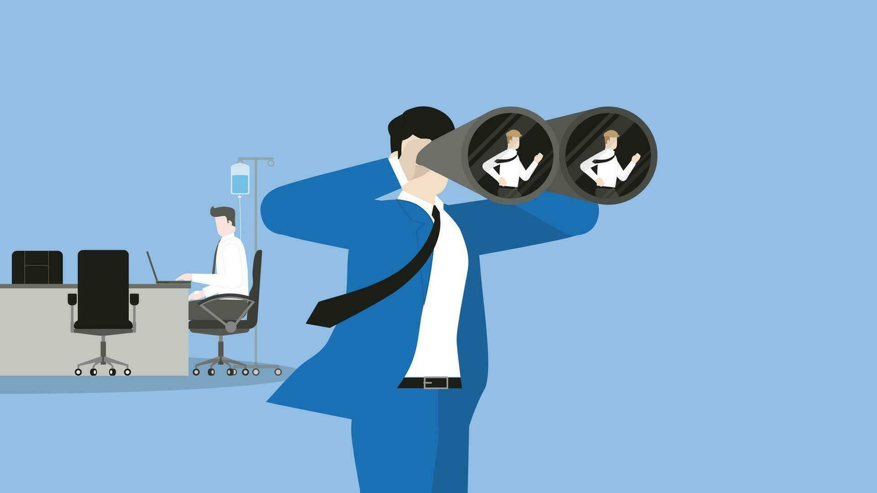 HR businessman uses binoculars to find a candidate replace a sick employee, saline drip. vector