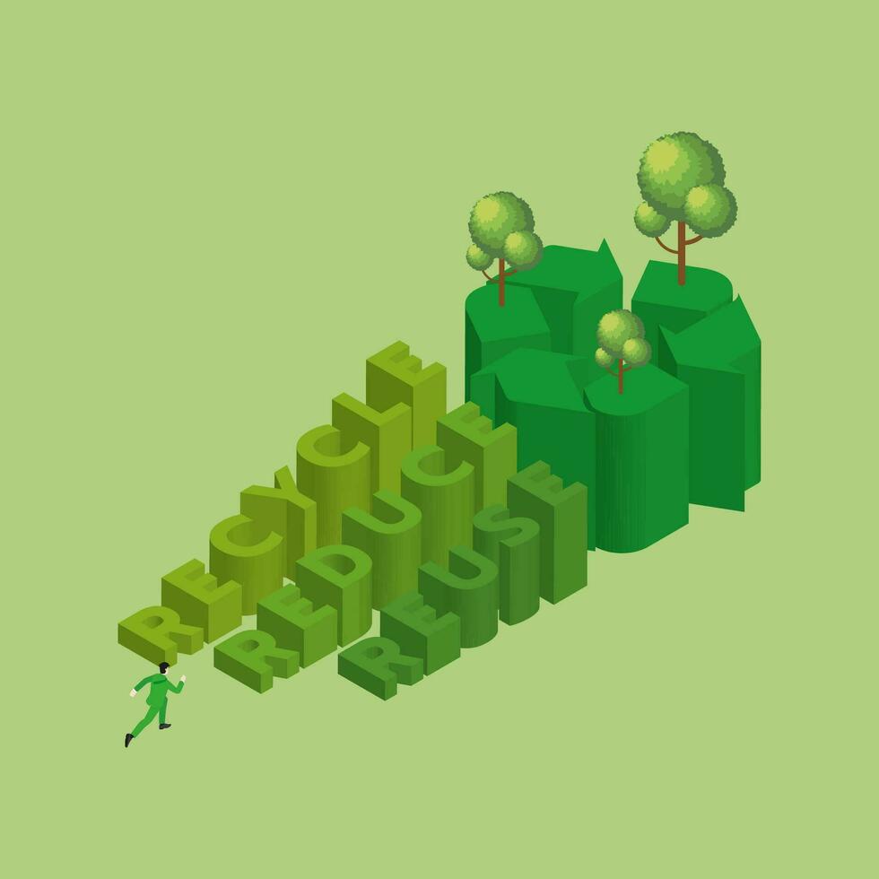 Eco friendly. A man runs and steps up a text word POLLUTION with color gradation and a tree on top of stairs. vector