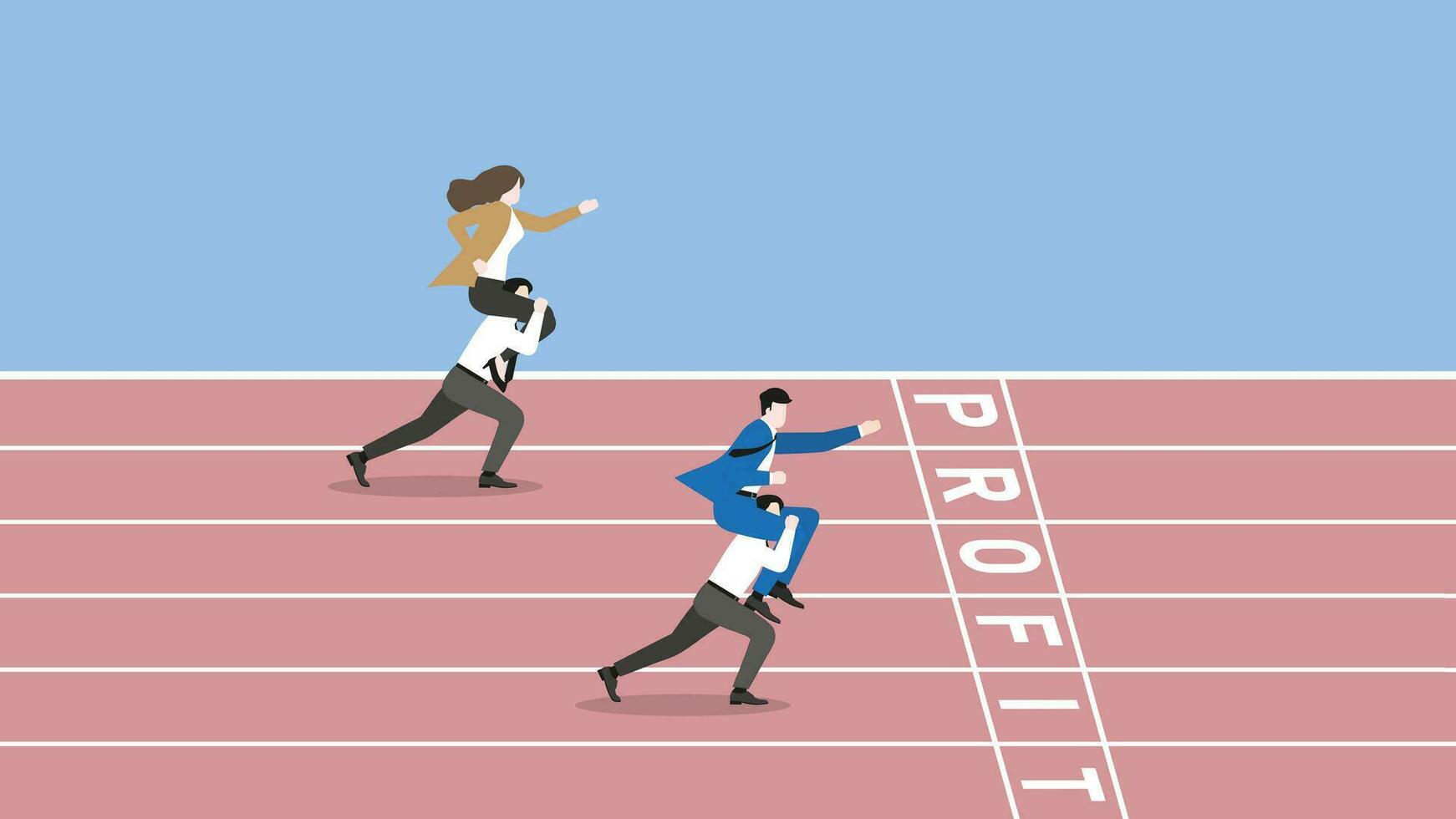 Boss rides piggyback on employee team staff and runs on a race track to win at the PROFIT finish line. vector