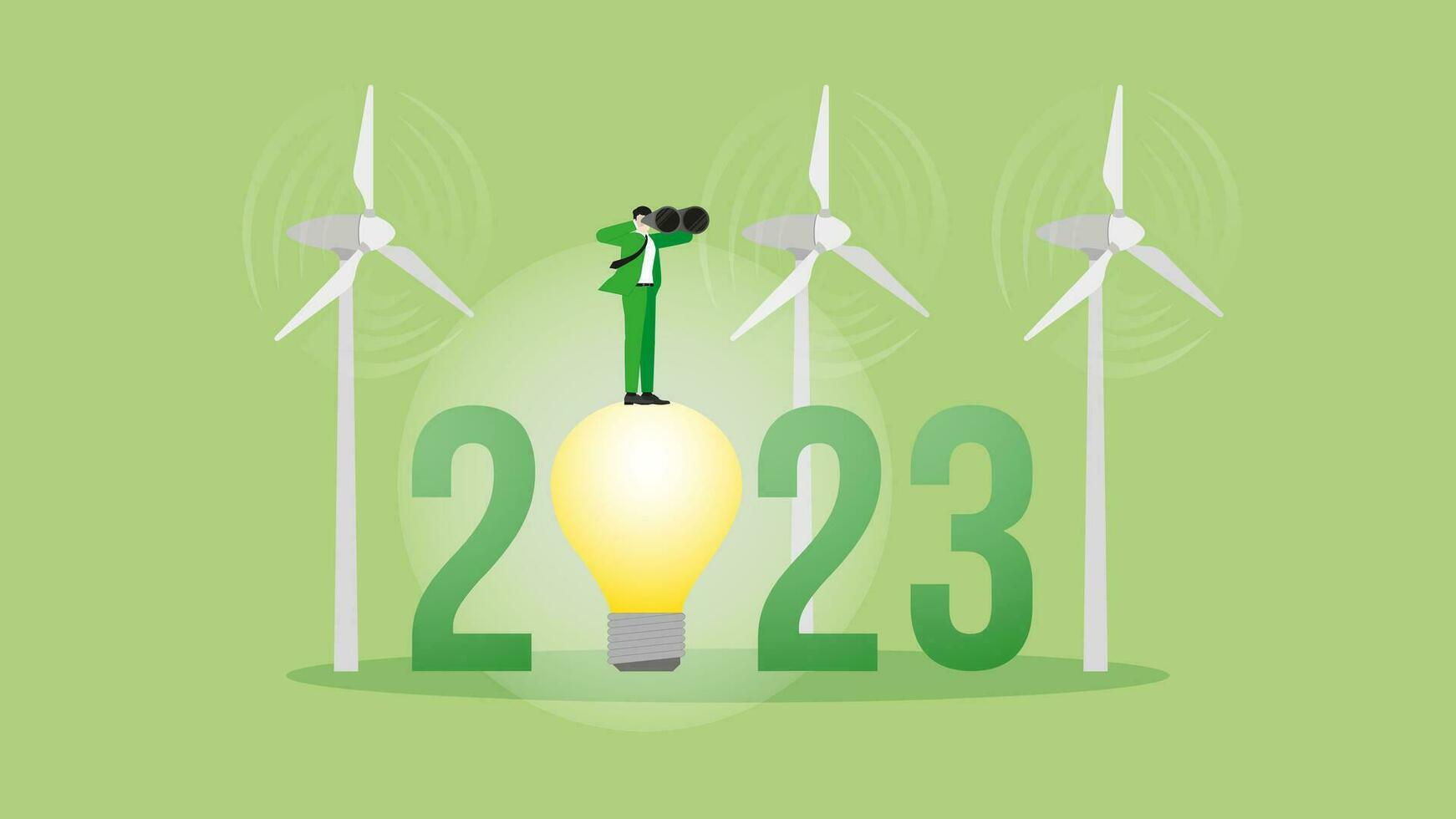 Green energy concept. Vision businessman uses binoculars on 2023 and wind turbine generator power. vector