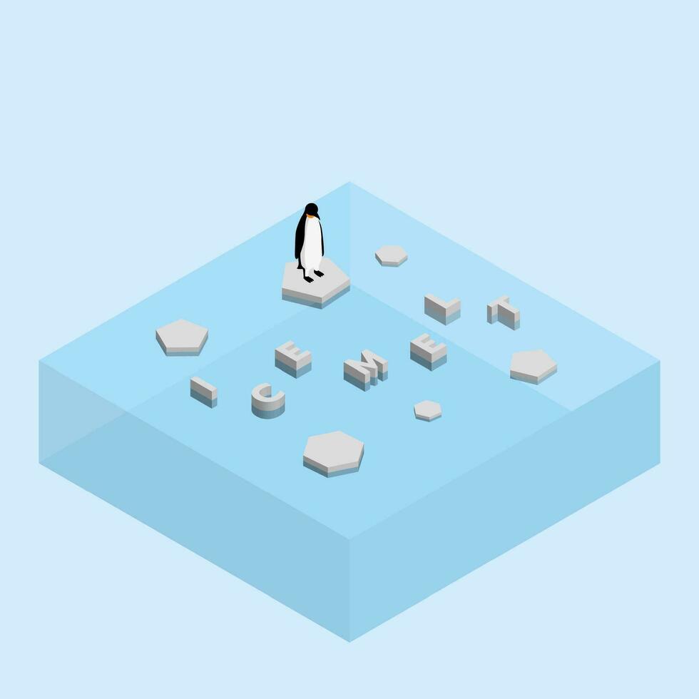 pingüino en un flotante glaciar texto palabra hielo derretir. global calentamiento y hielo derritiendo concepto de mar nivel subir vector