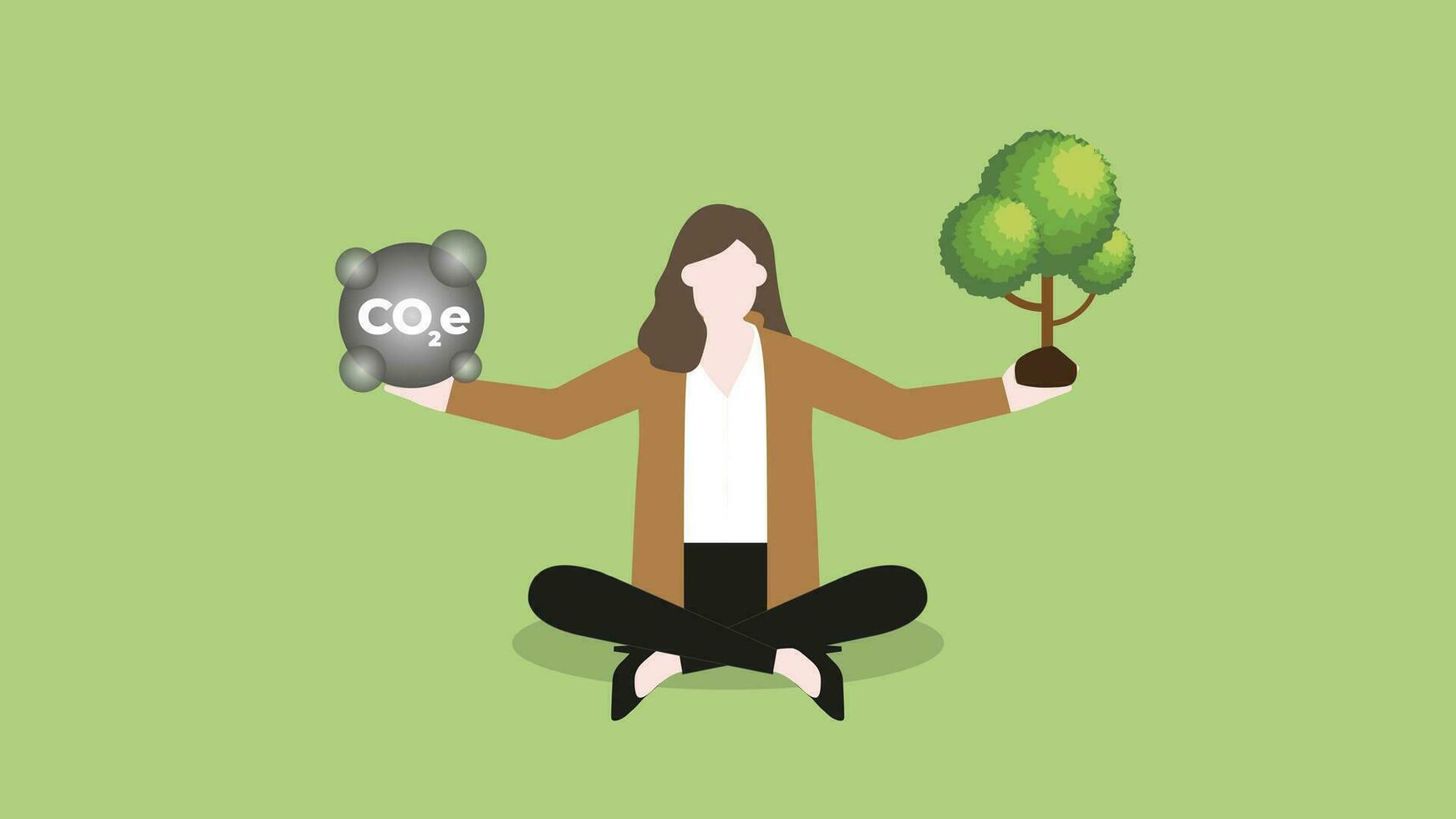 A woman balances CO2e gas pollution and tree in hand. vector