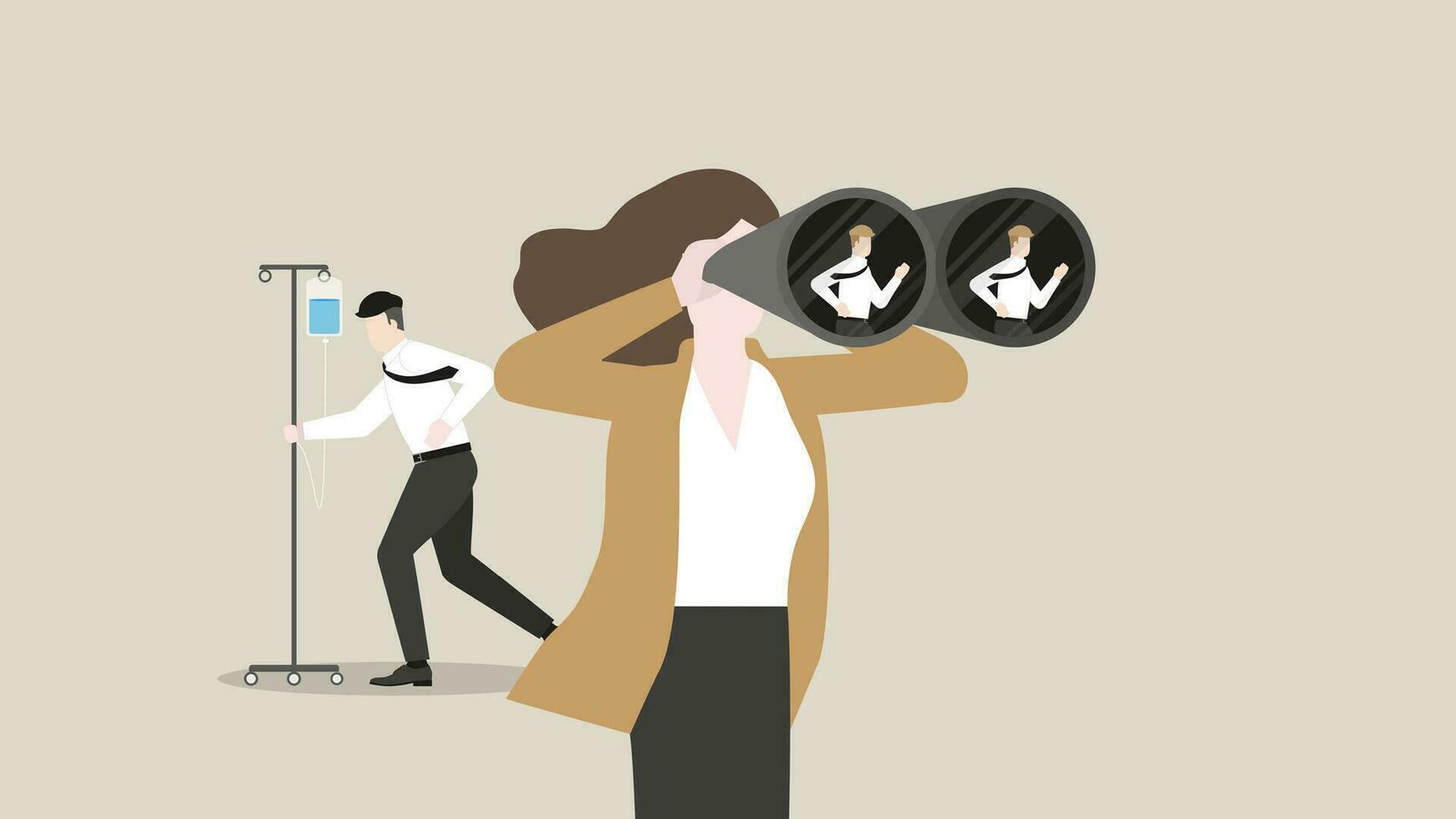 HR businesswoman uses binoculars to find a candidate replace a sick employee, saline drip. vector