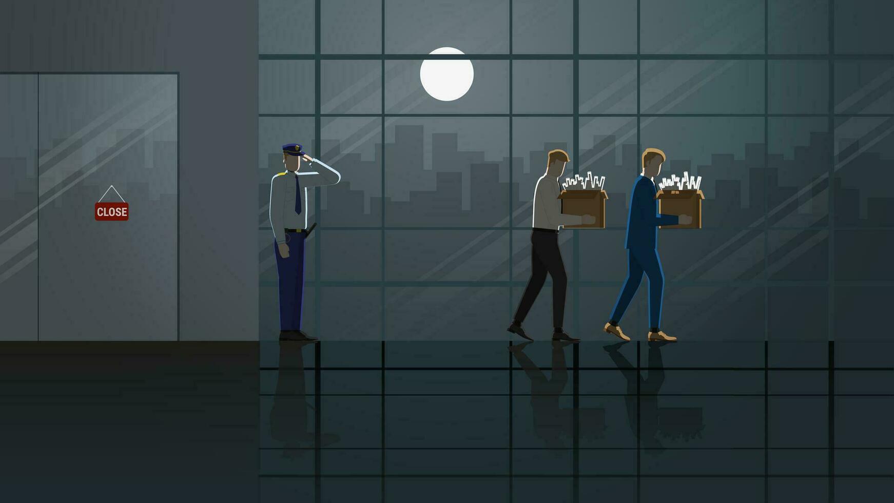 A depressed and stressed businessman, an employee holds a box leaving from closed company. vector