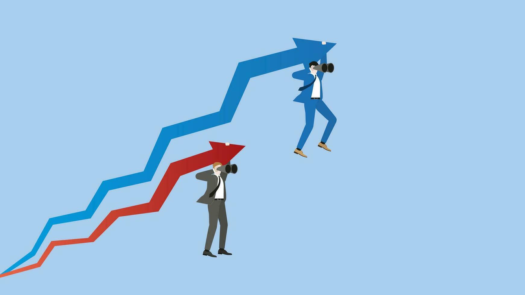 Businessmen hang a rising arrow with telescopes. vector