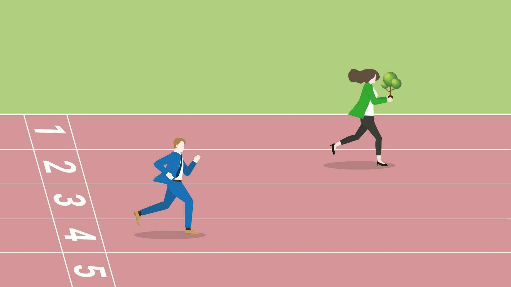 A leader businesswoman with a tree and rivalry is complete run on a race track. vector
