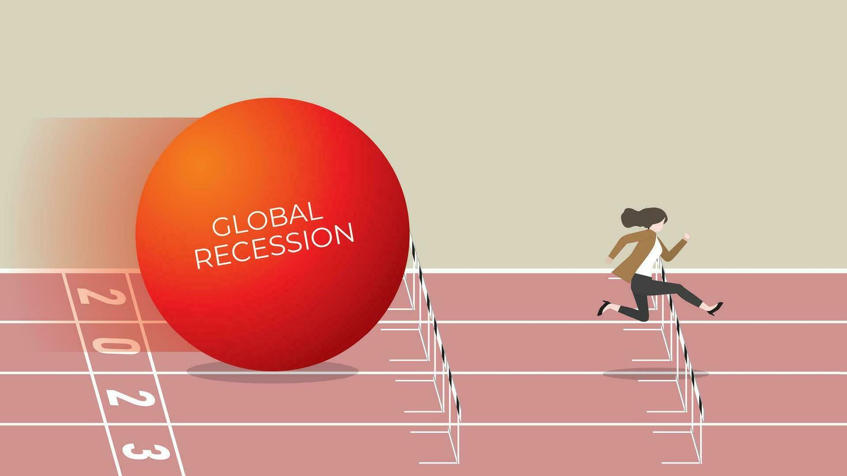 global recesión concepto en el año 2023. un mujer de negocios carreras lejos y saltos desde el grande rojo vector