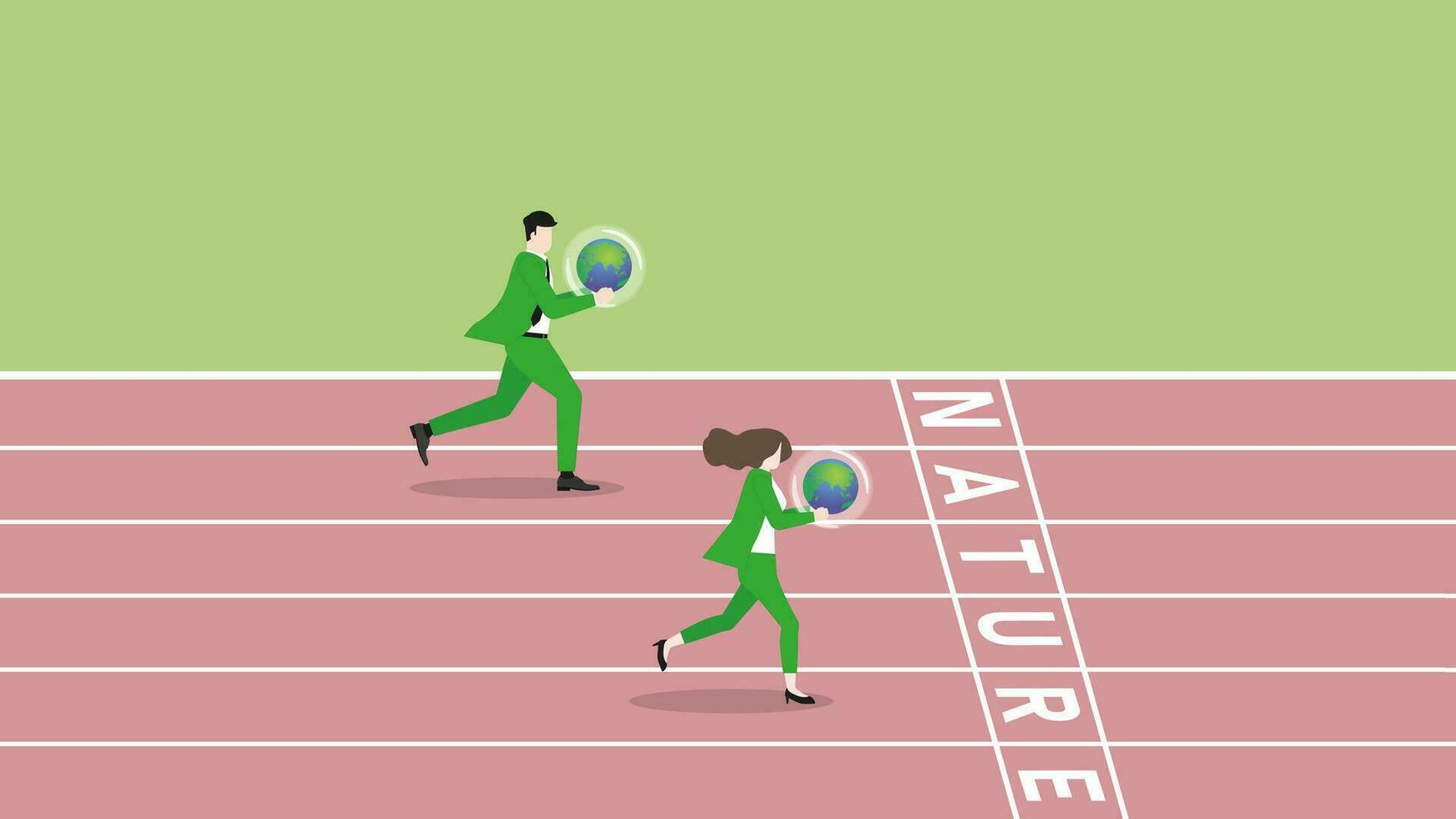 Executive businessman and businesswoman run on a race track with earth to win at the NATURE finish line. vector