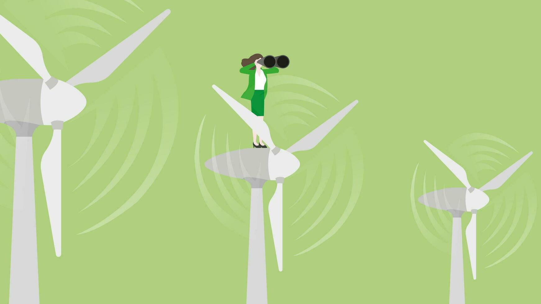 Green energy concept. Vision businesswoman uses binoculars on wind turbine generator power. vector