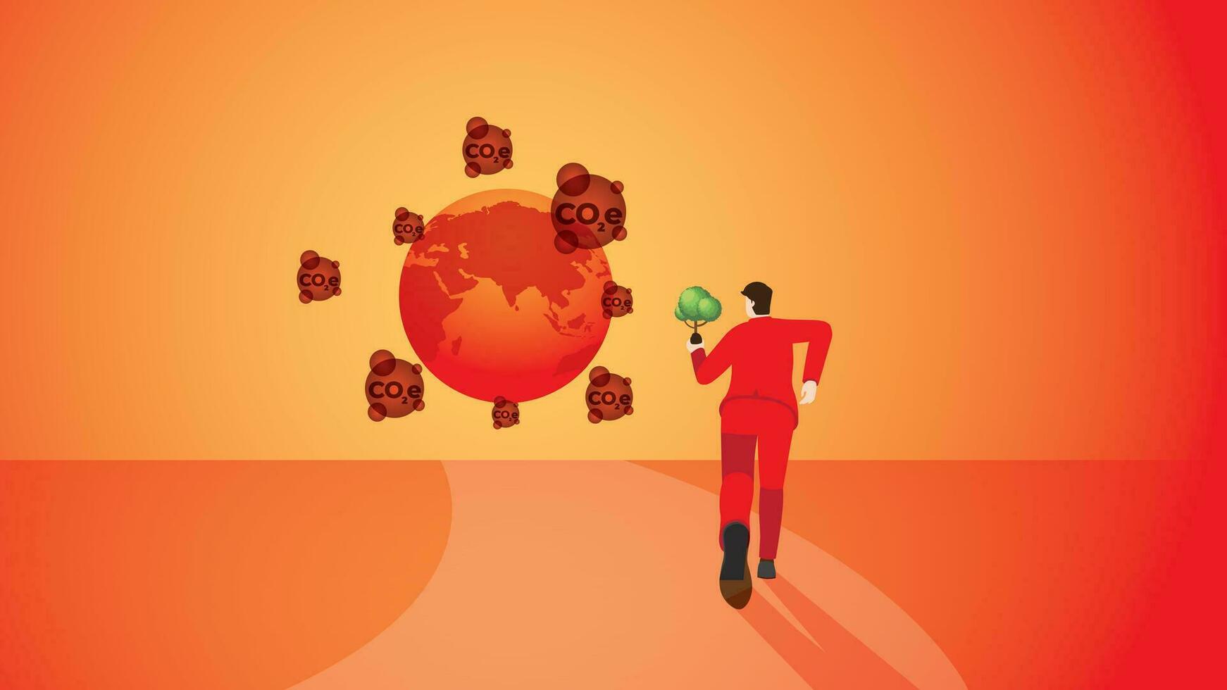 Red hot world with CO2e and a back view of a man with tree. vector