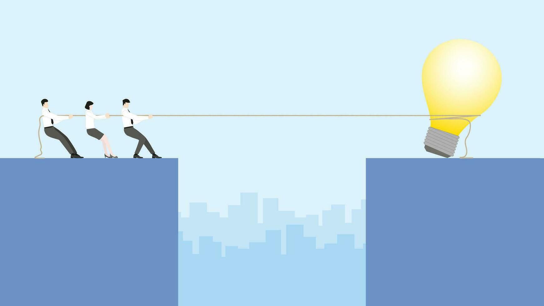 Company employees pull a rope big light bulb. Office colleagues team work as teamwork on a new project vector