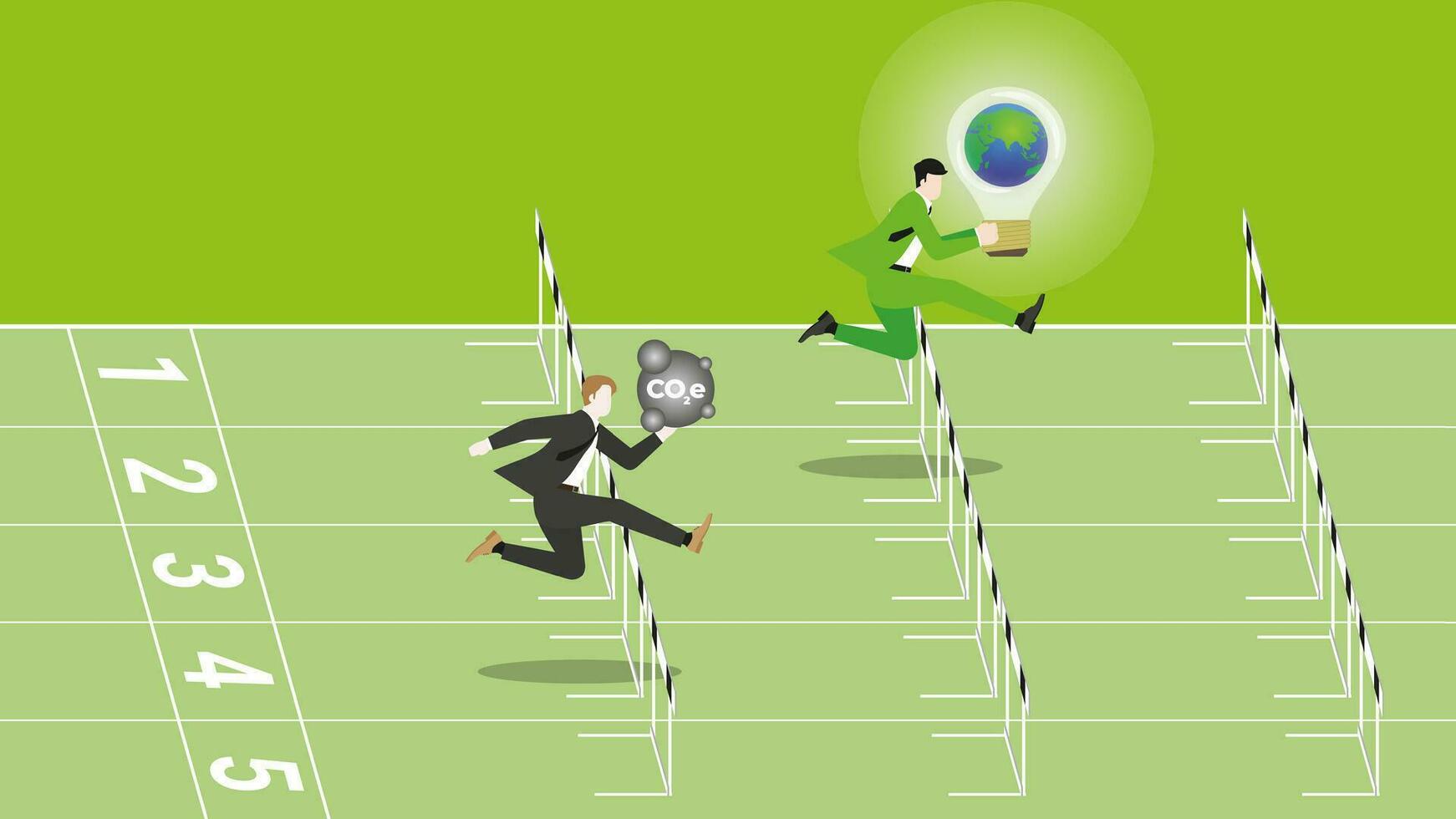 A businessman holds the world light bulb, runs and jumps over obstacles on a racetrack. vector