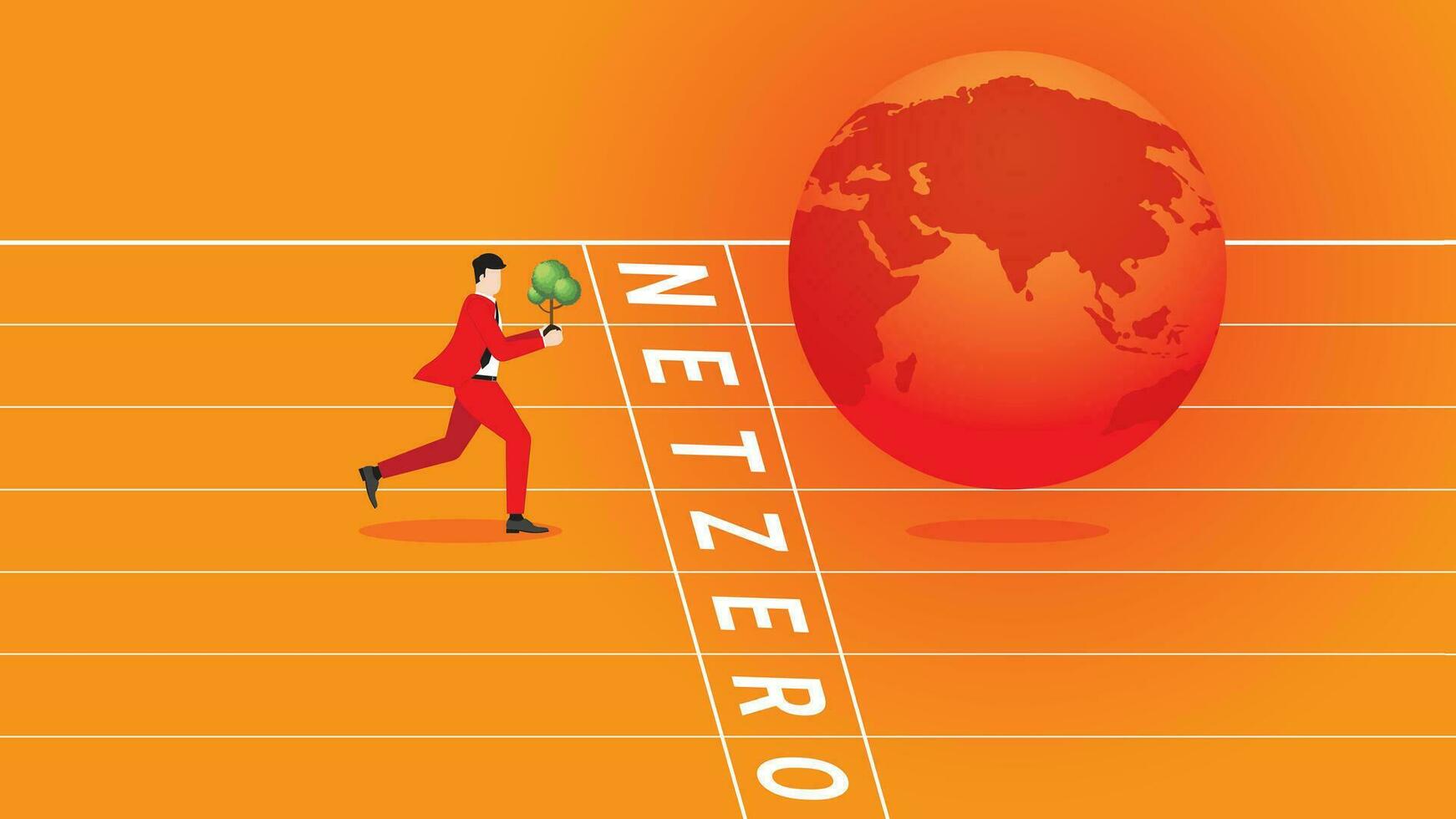 A man brings a tree to the red earth on racetrack with Net zero finish line. vector