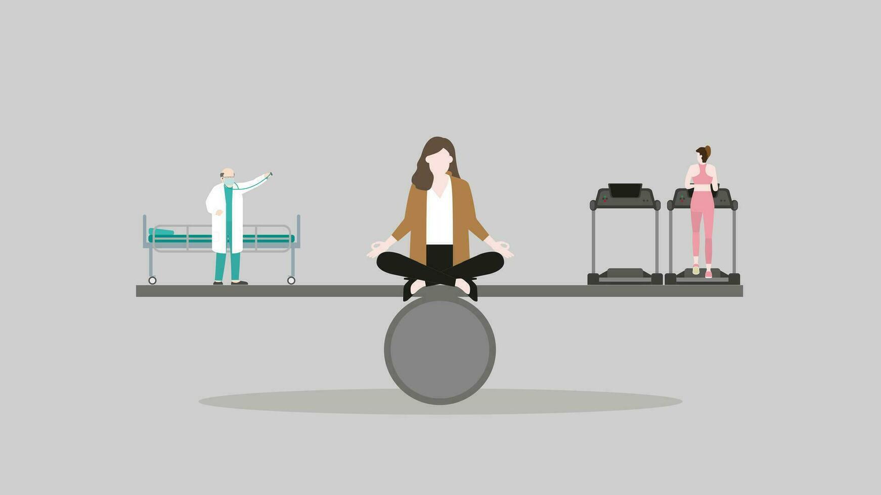 un meditación mujer se sienta y piensa a el centrar de un balancín Entre un médico con un hospital cama y cardio corriendo en rueda de andar vector