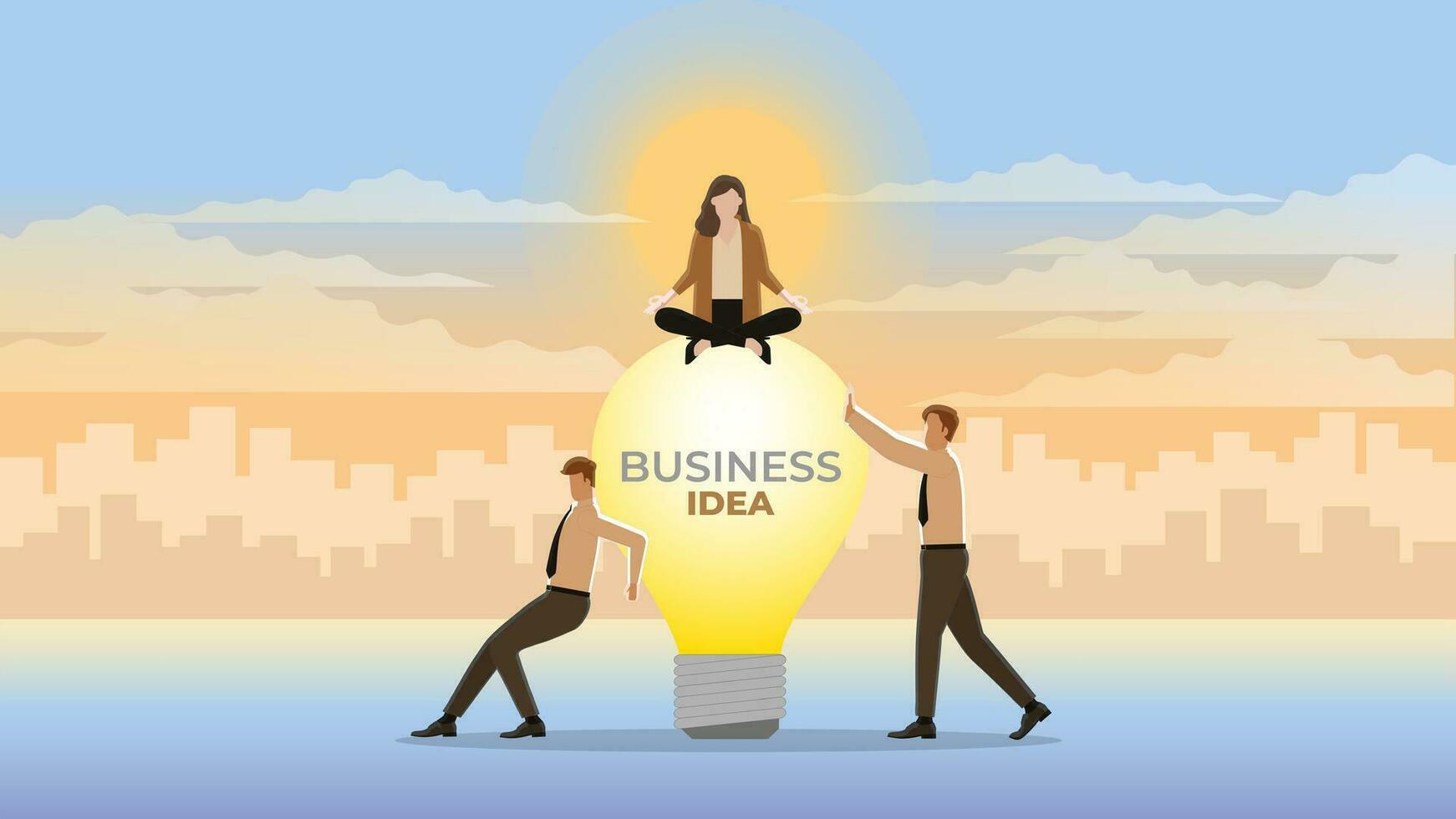 A calm businesswoman sit and meditate on a large light bulb with employee teamwork support vector