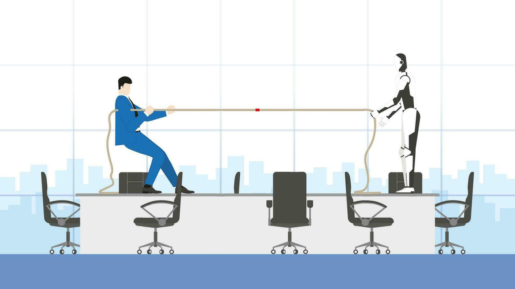 Business competition and cyber technology confrontation concept. A businessman and a robot fight tug of war rope in an office workplace vector