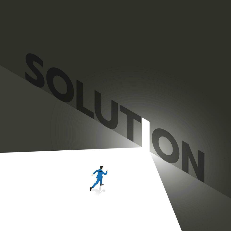 A Businessman runs to the white exit with light from the dark, Text wording SOLUTION vector