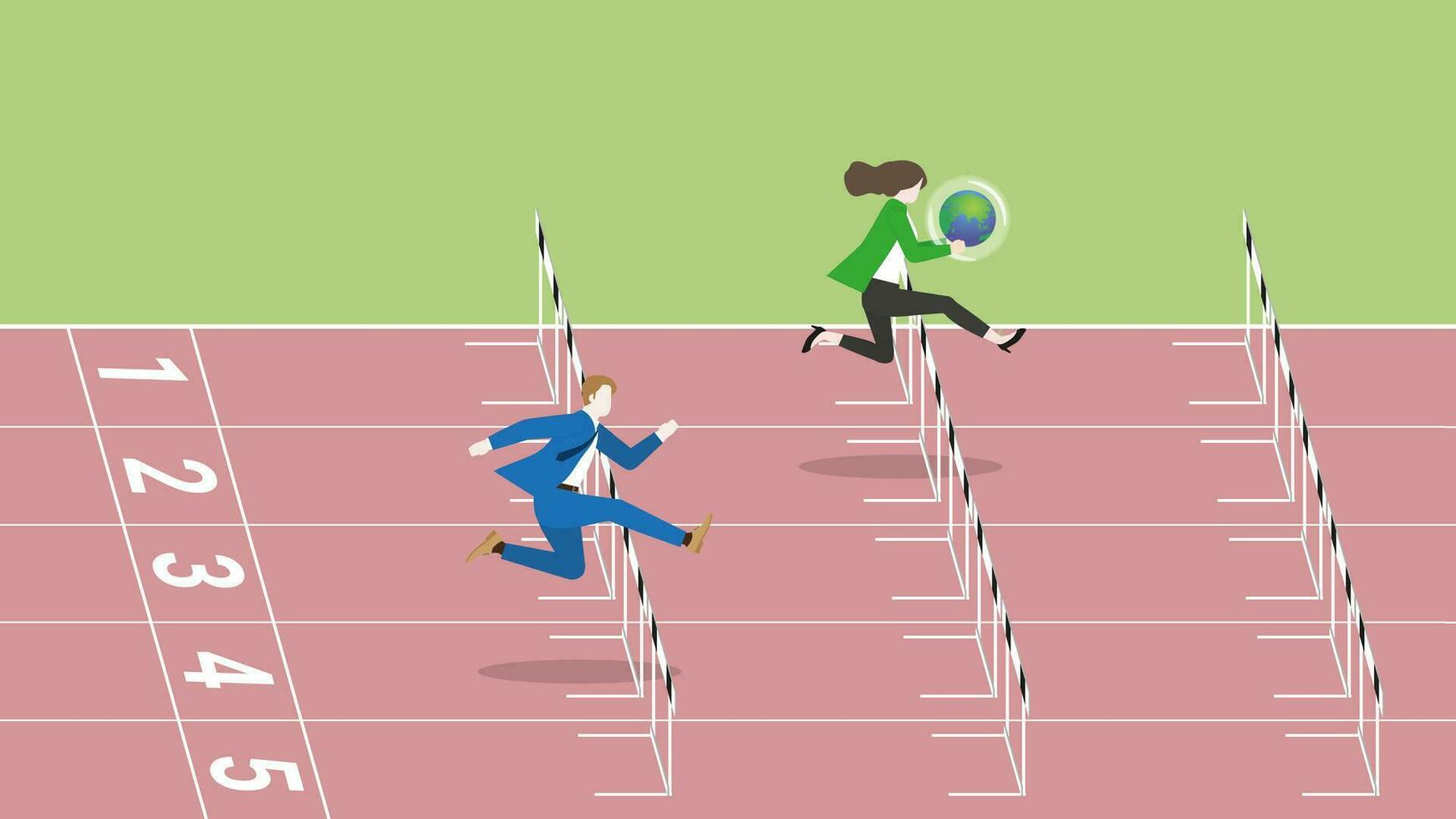 A leader businesswoman and competitor hold earth, runs and jumps over obstacles on race track. vector