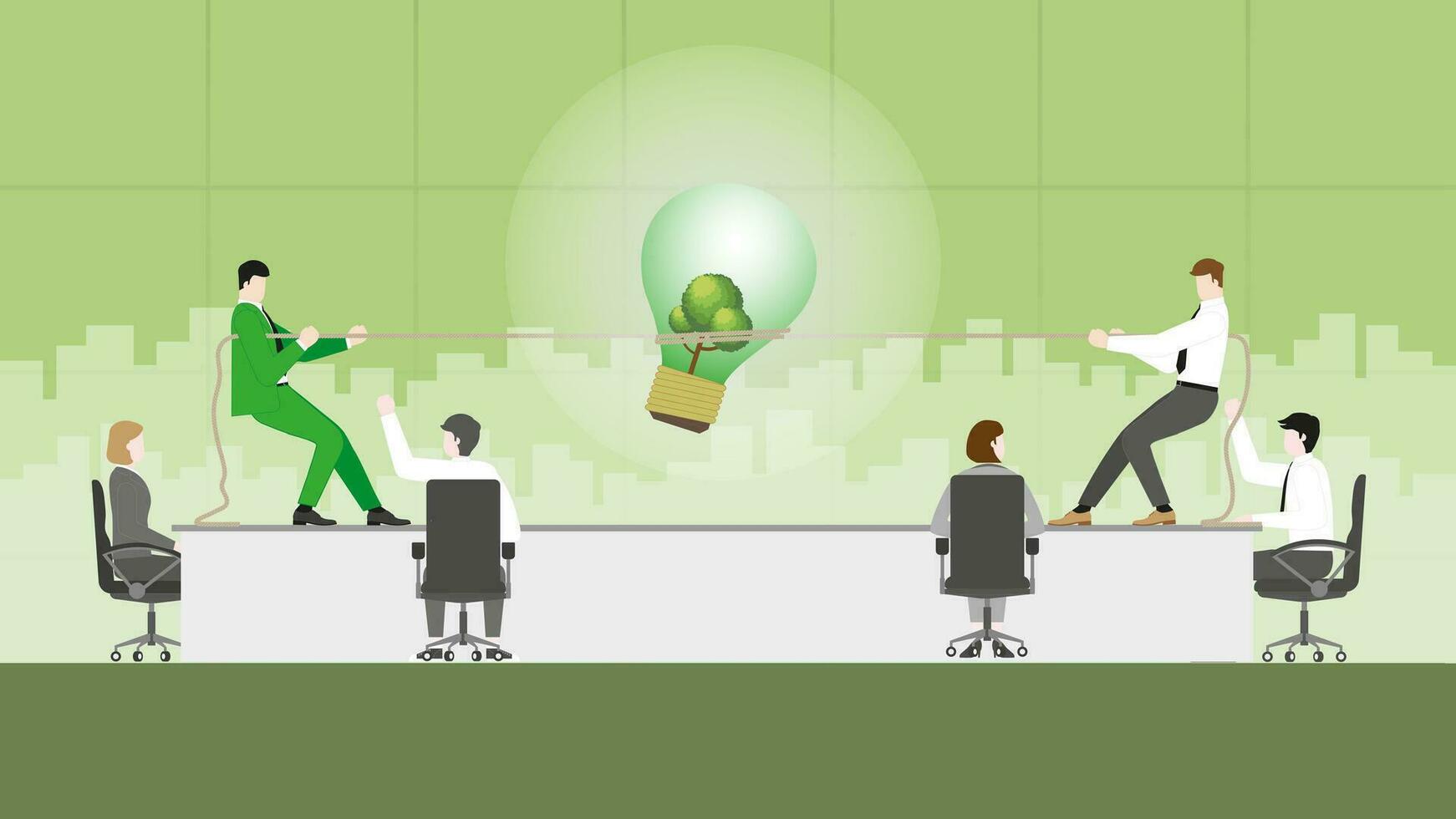 ESG business ideas compete. Pull rope for a tree big lightbulb in an office meeting. vector