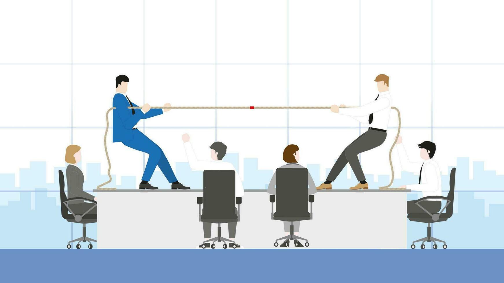 Two businessmen, boss, employees, and salarymen fighting a tug of war in an office workplace vector