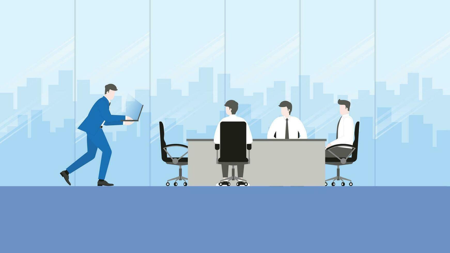 Urgent job, hurry up and rush hour. A businessman works by laptop and runs to an office meeting room. vector