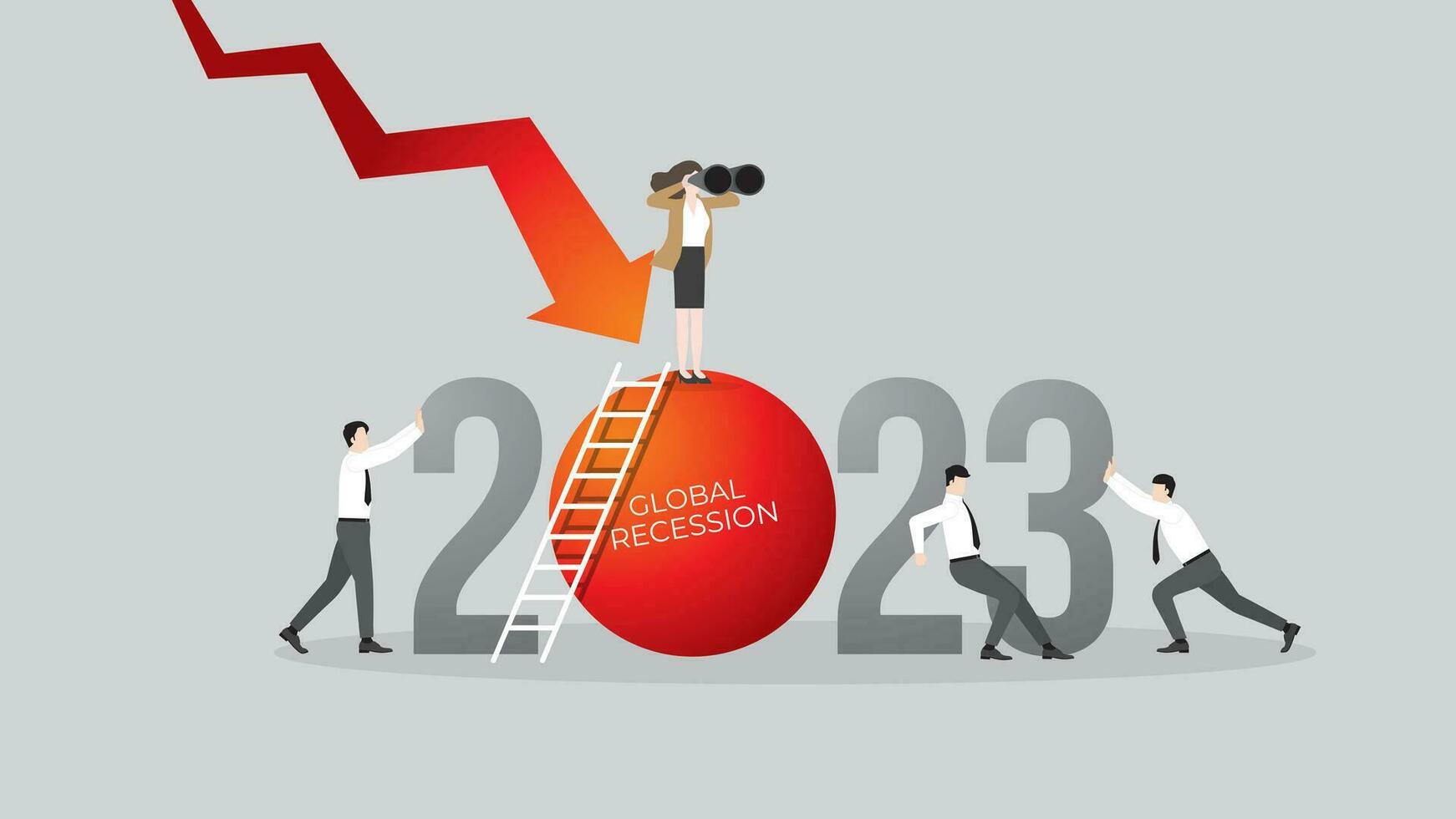 global recesión concepto en el año 2023. un visión mujer de negocios y trabajo en equipo. vector