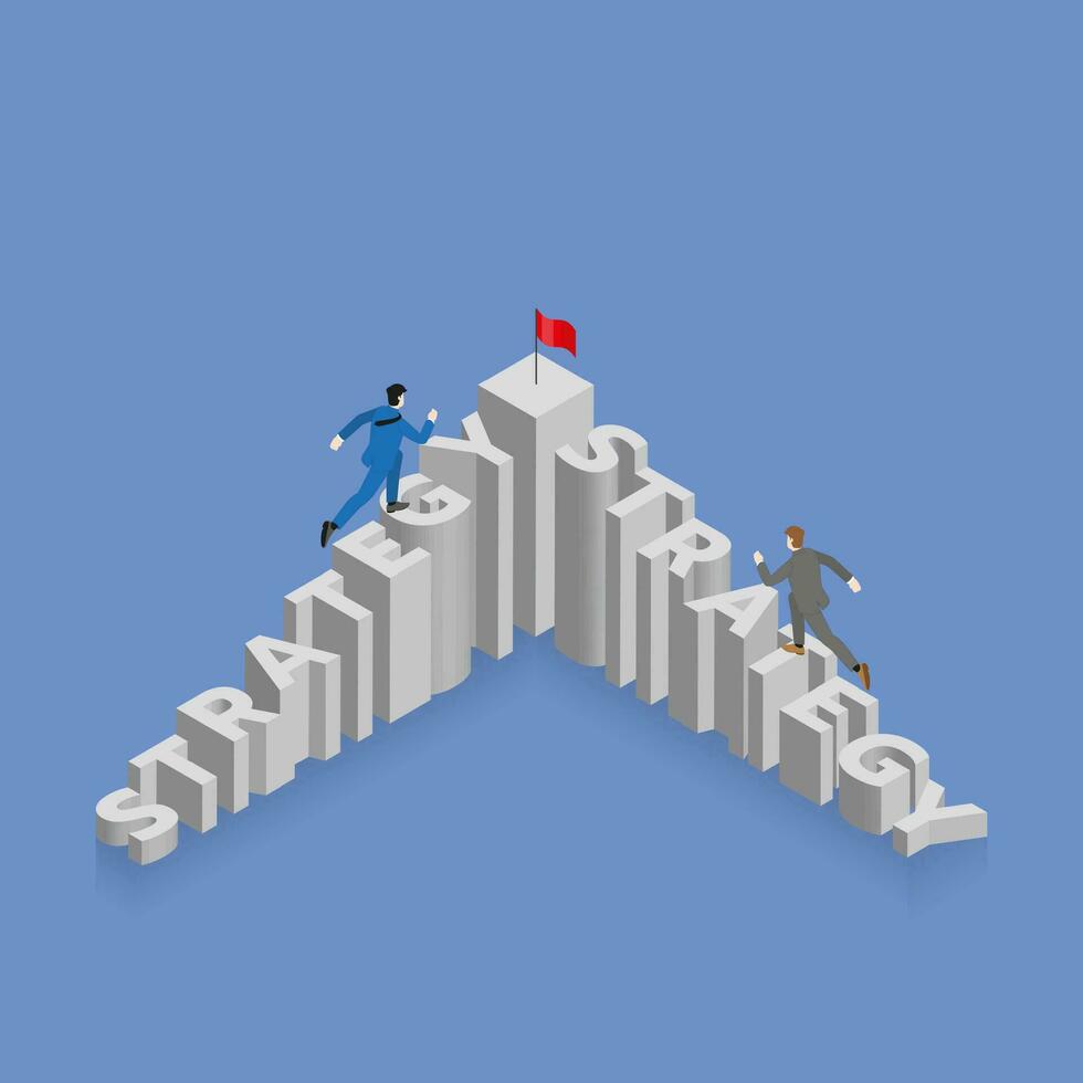 Businessman runs and steps up stair with a competitor, staircase is the word STRATEGY vector