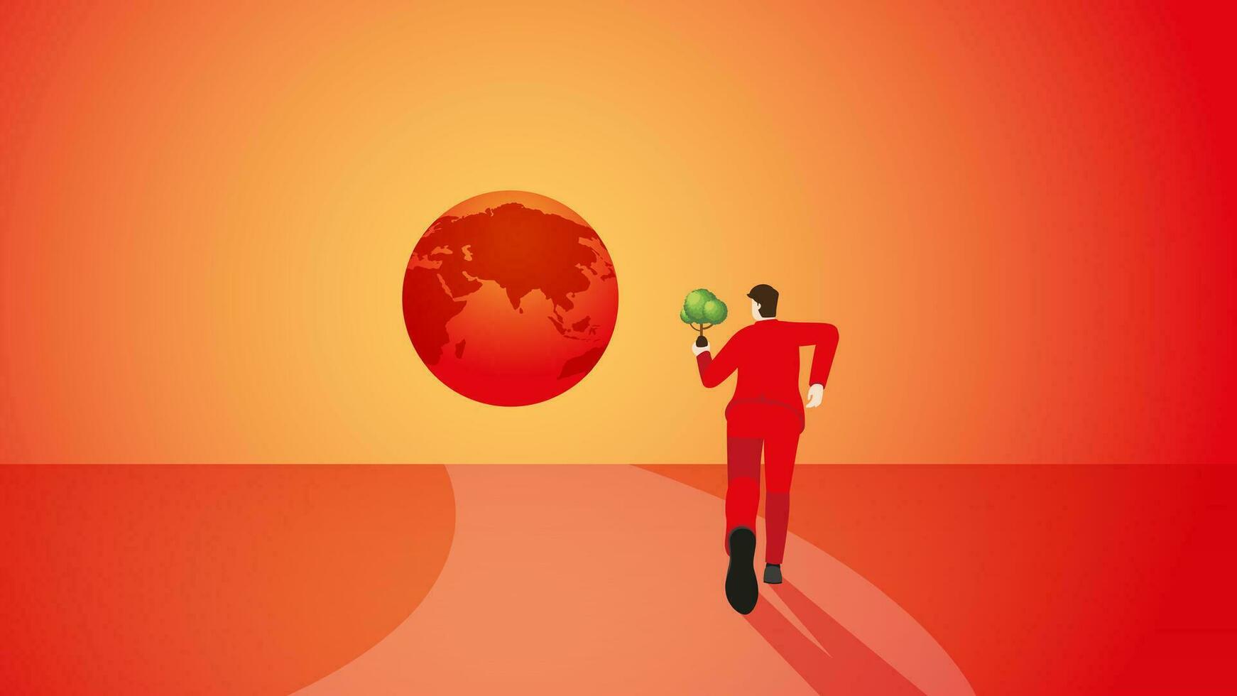 A back view of a man brings a tree to the red earth. vector
