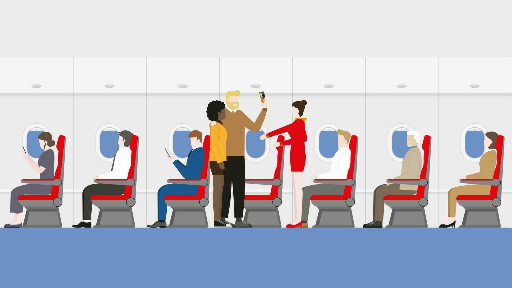 Travel, tourism, vacation, flight, airline business and high density tourist concept. Selfie passengers and cabin crew air hostess boarding in the aircraft cabin. vector