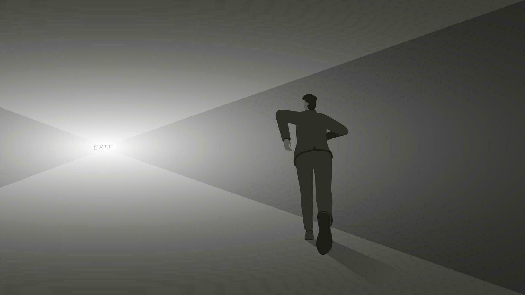 Back view of businessman runs aim to a very far target with light at the exit of the tunnel. vector