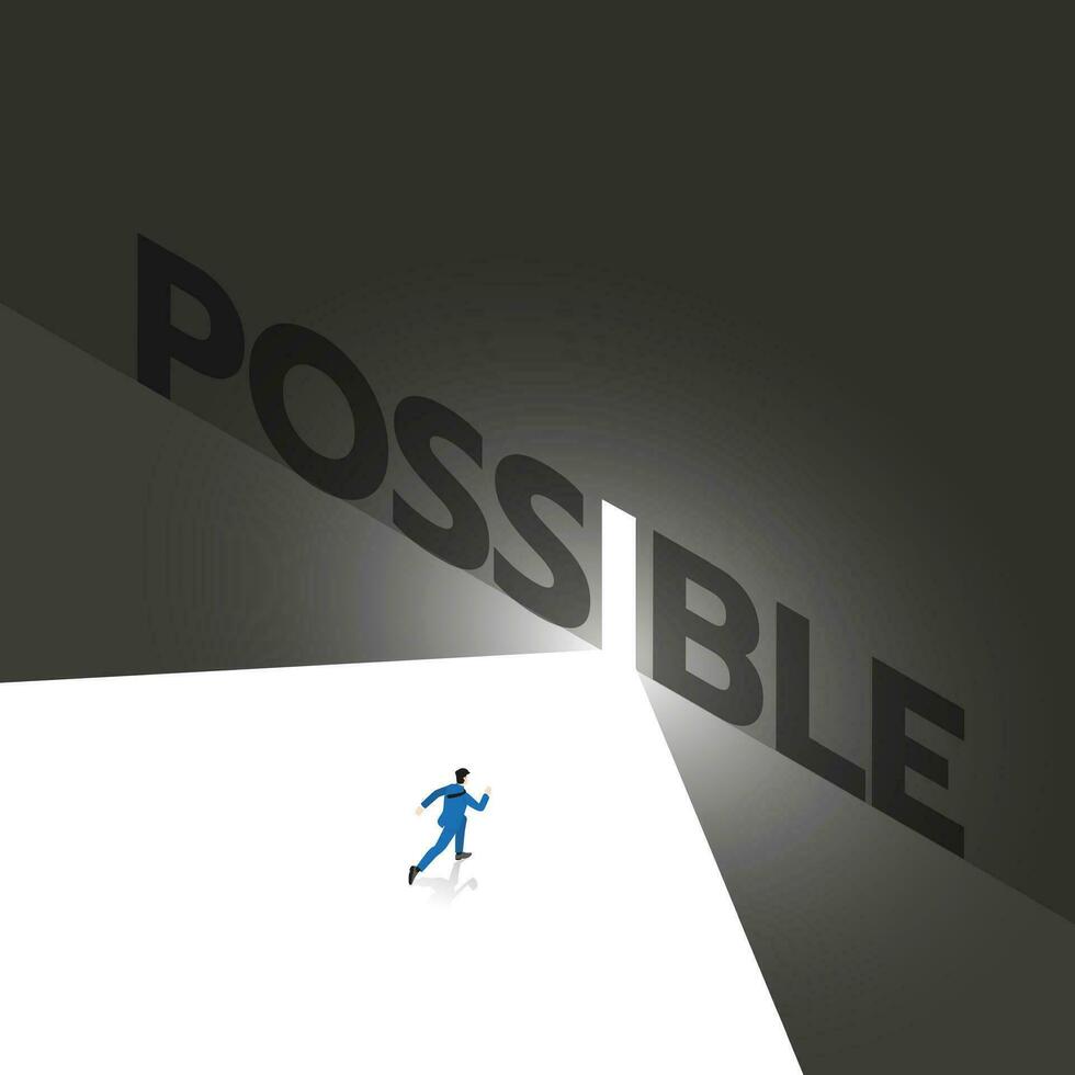 A Businessman runs to the white exit with light from the dark, Text wording POSSIBLE vector